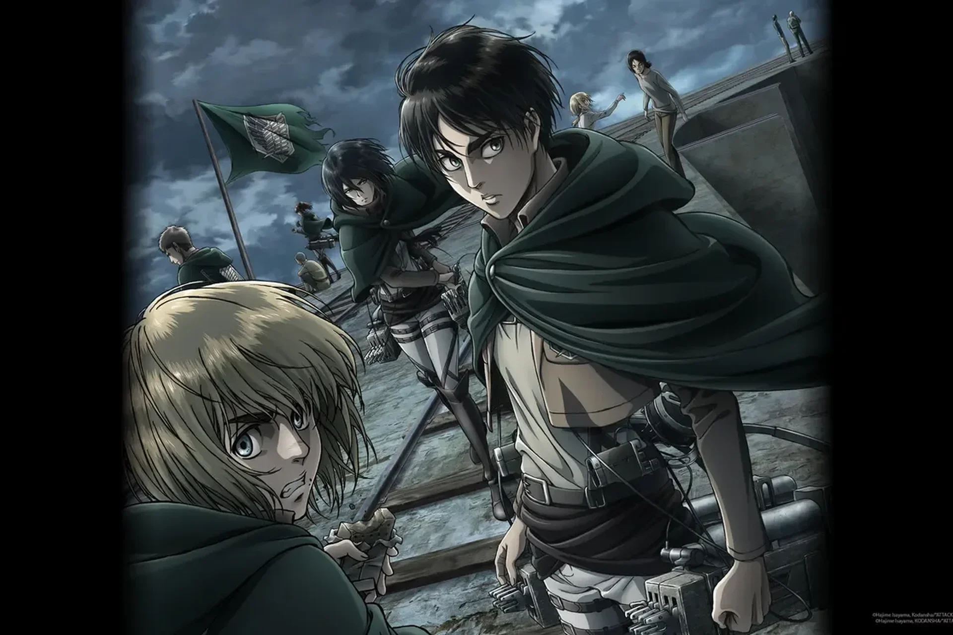 Animated still from Attack on Titan series.