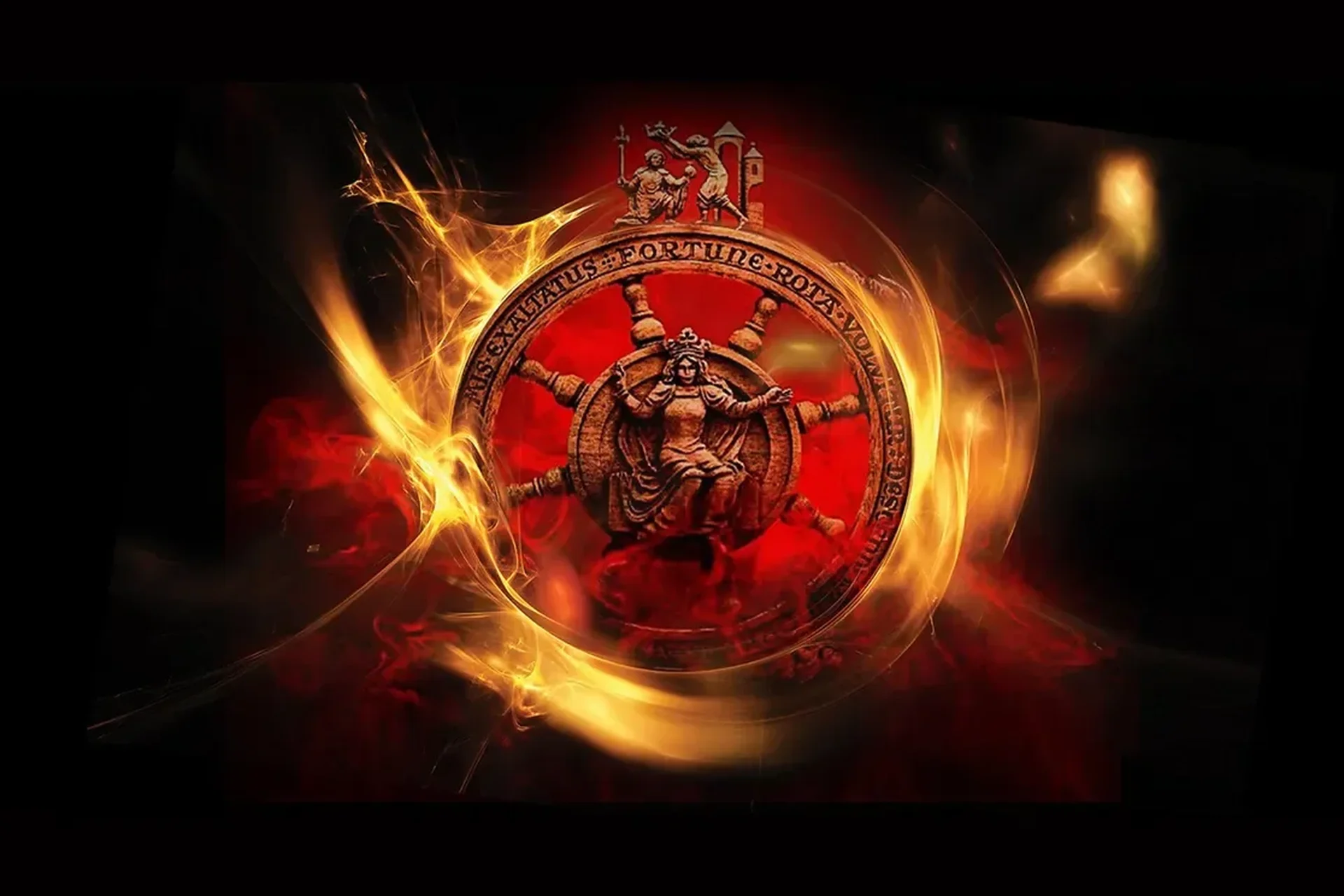 Illustration of a wheel of fortune with red background and flames effect.