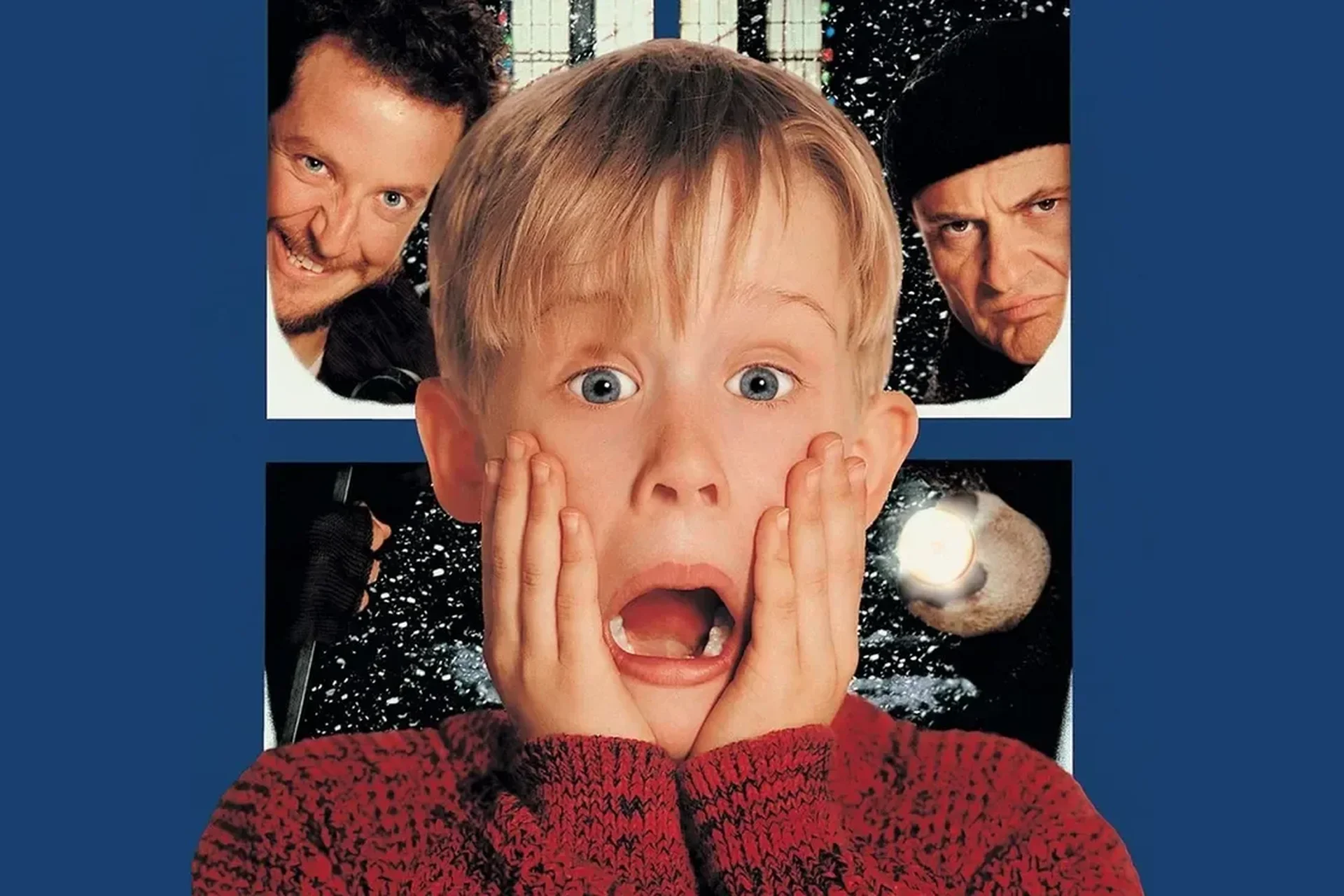 Home Alone film poster showing Kevin with a shocked expression on a blue background.