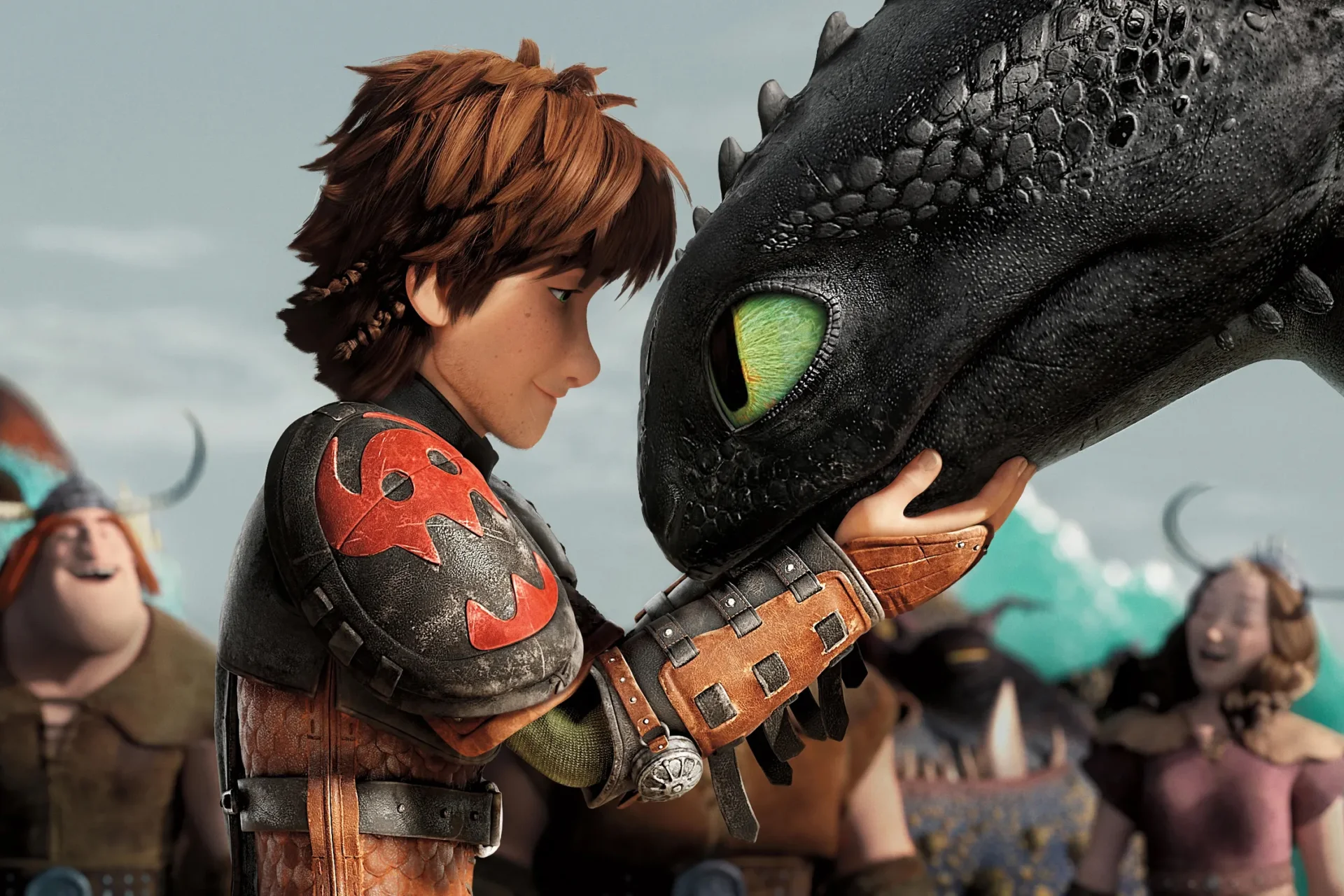How to Train Your Dragon's Hiccup staring into dragon's eyes.