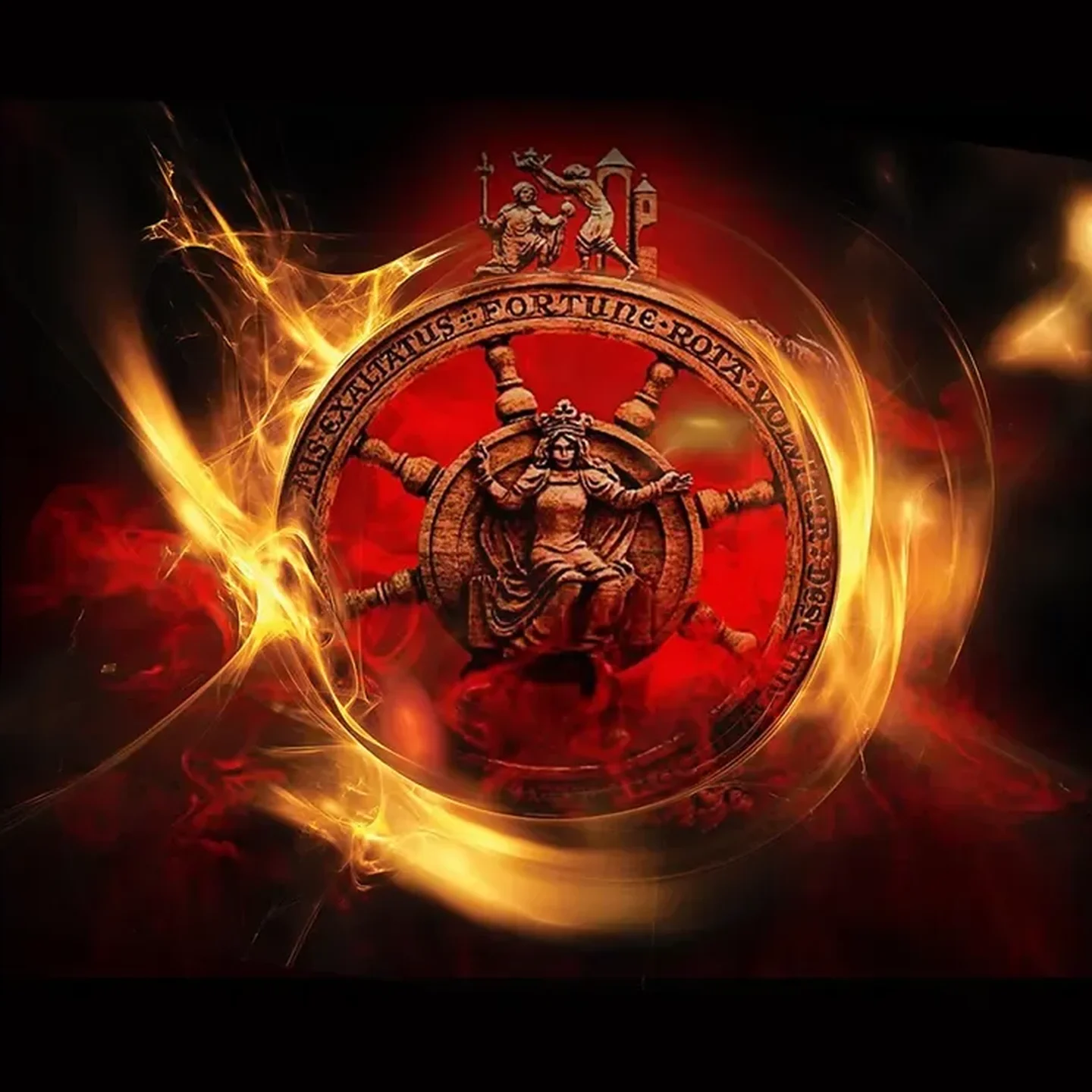 Illustration of a wheel of fortune with red background and flames effect.