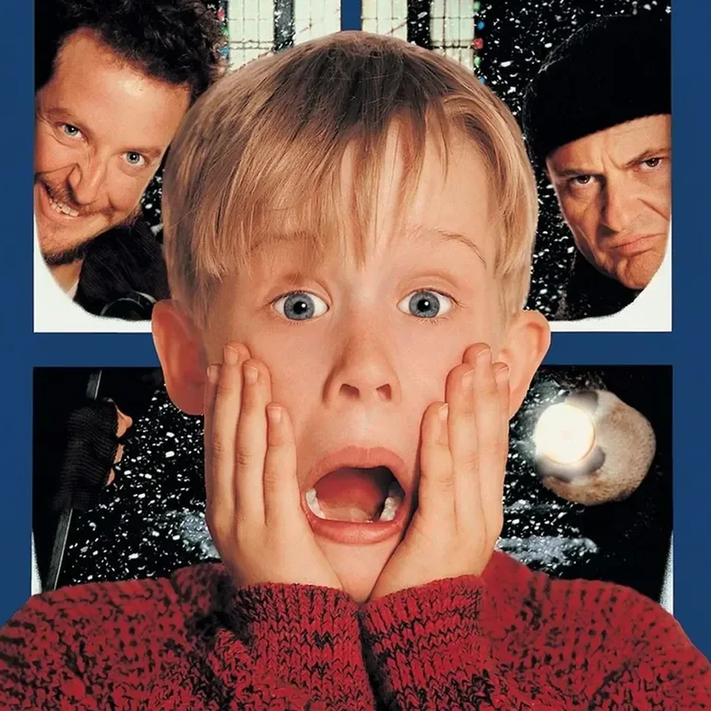 Home Alone film poster showing Kevin with a shocked expression on a blue background.