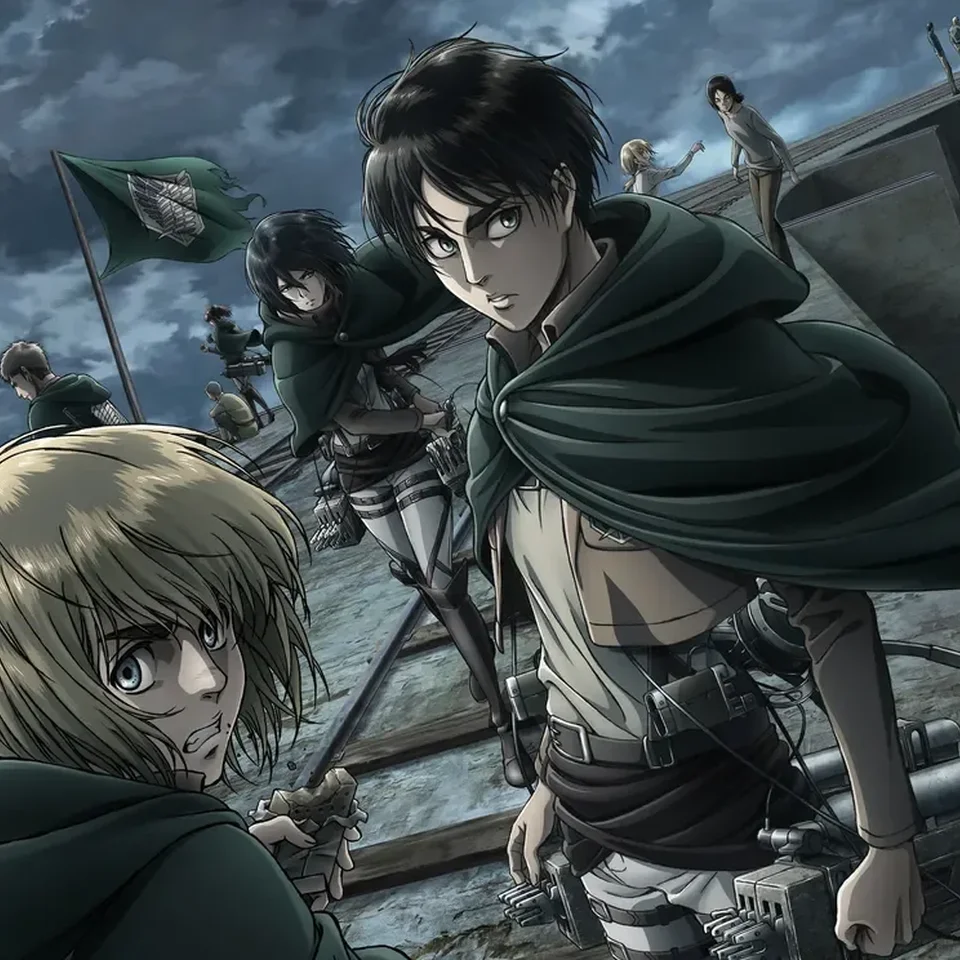 Animated still from Attack on Titan series.