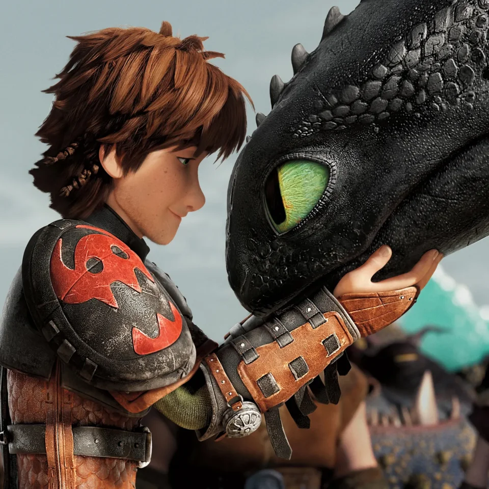 How to Train Your Dragon's Hiccup staring into dragon's eyes.
