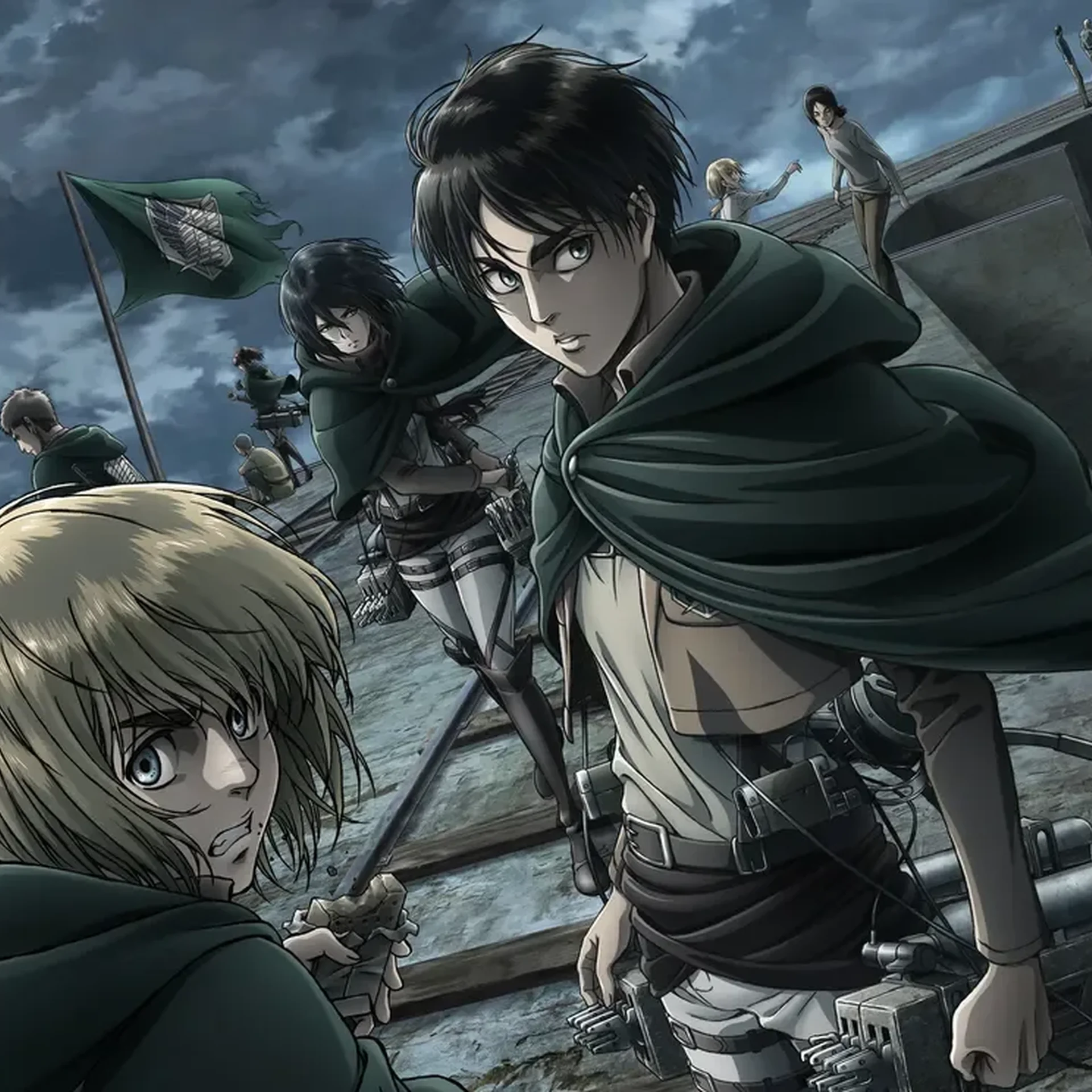 Animated still from Attack on Titan series.