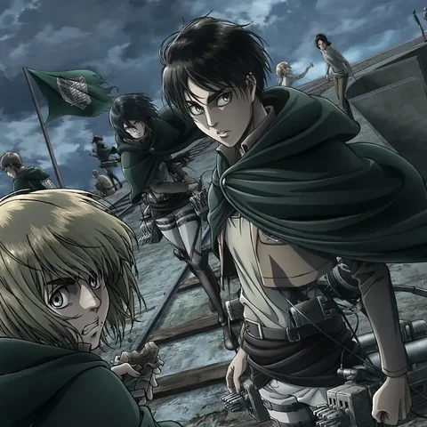 Animated still from Attack on Titan series.