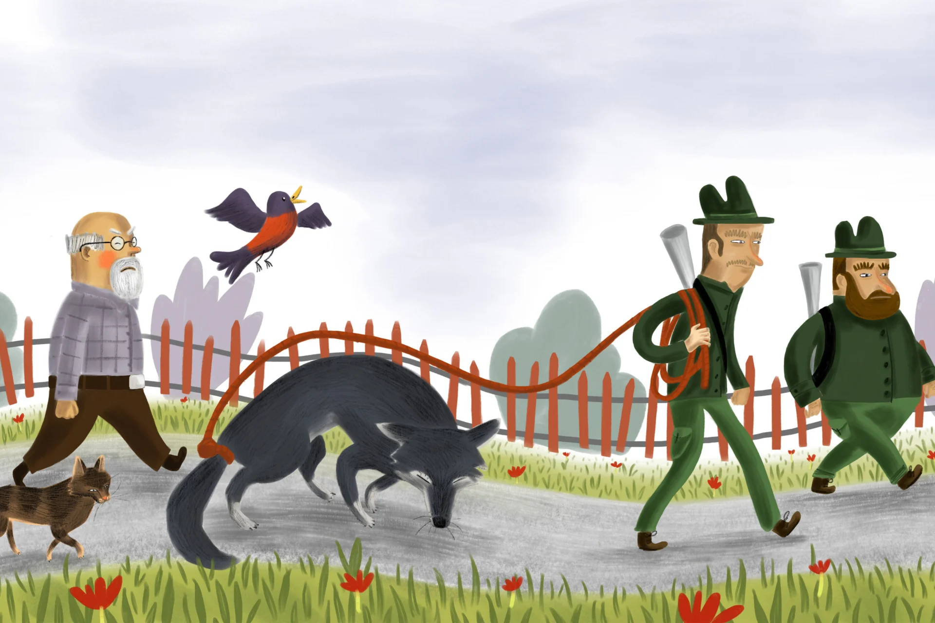 An illustration of people and animals, including a wolf, walking along a path lined with grass and flowers