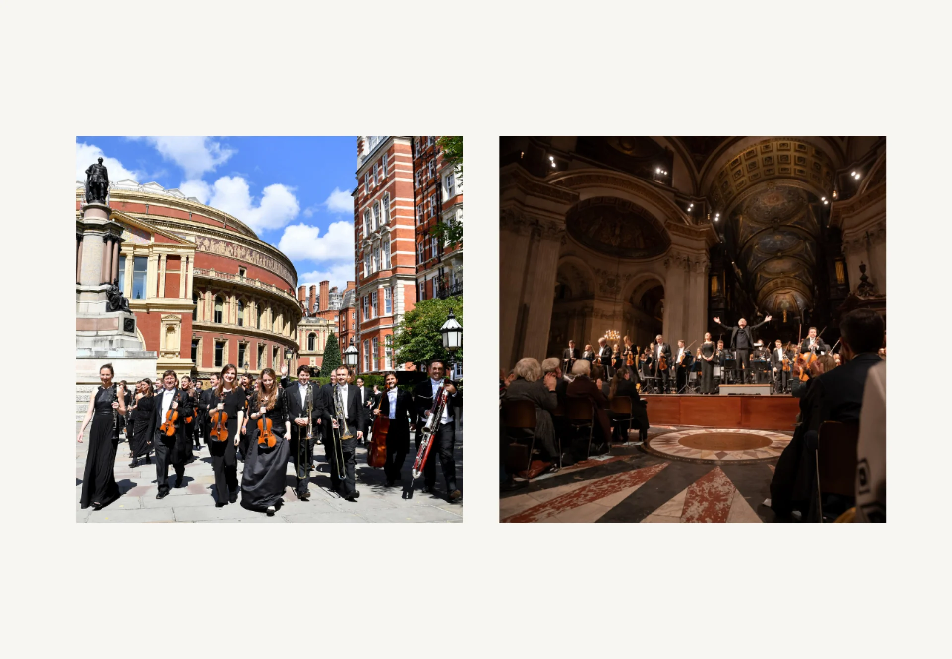 Left to right: the RPO at the 2017 Proms in front of the Royal Albert Hall; the RPO in concert at St Paul's Cathedral in 2019