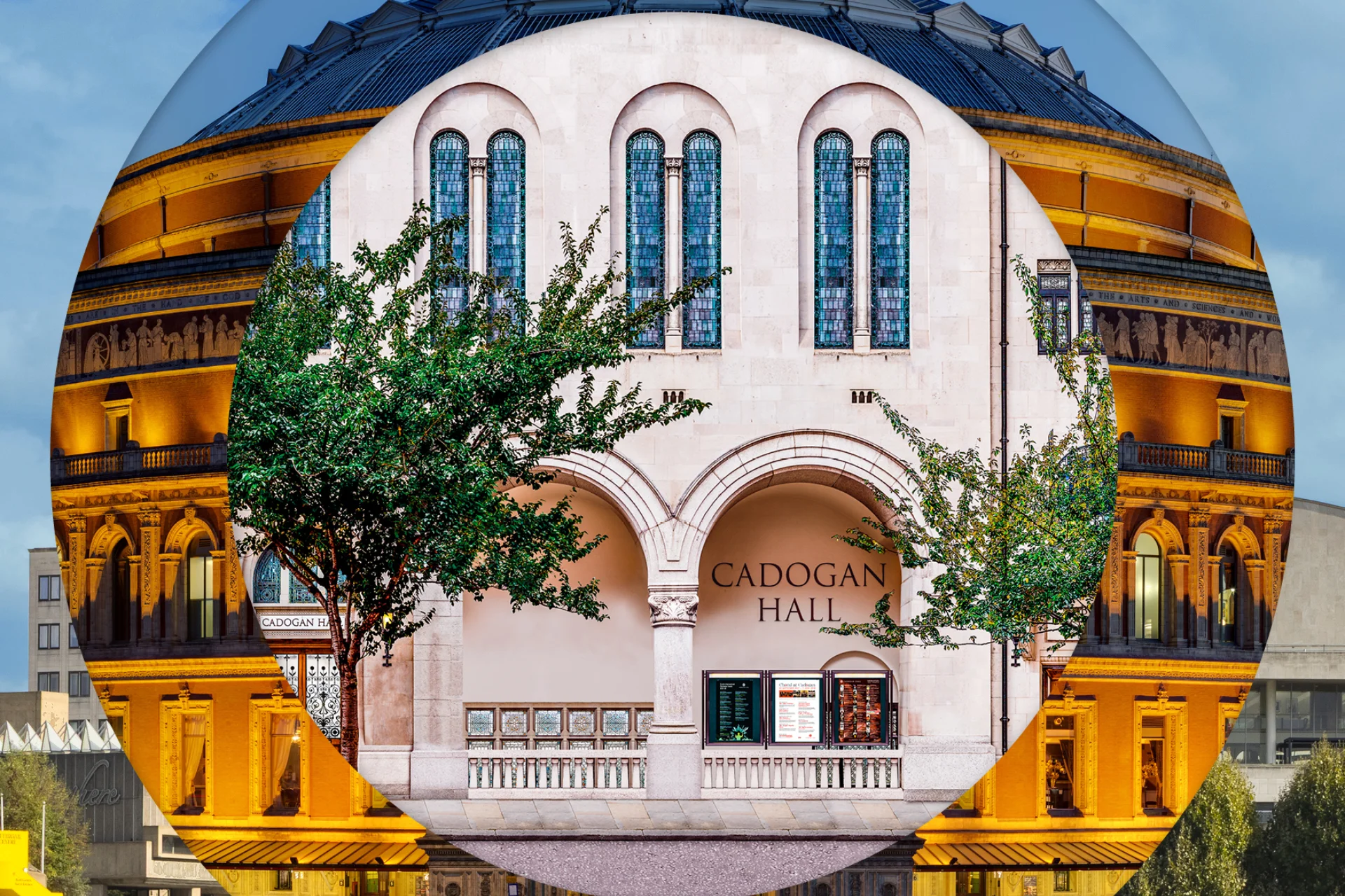Circles of photographs of the Southbank Centre, Royal Albert Hall and Cadogan Hall overlaid on each other