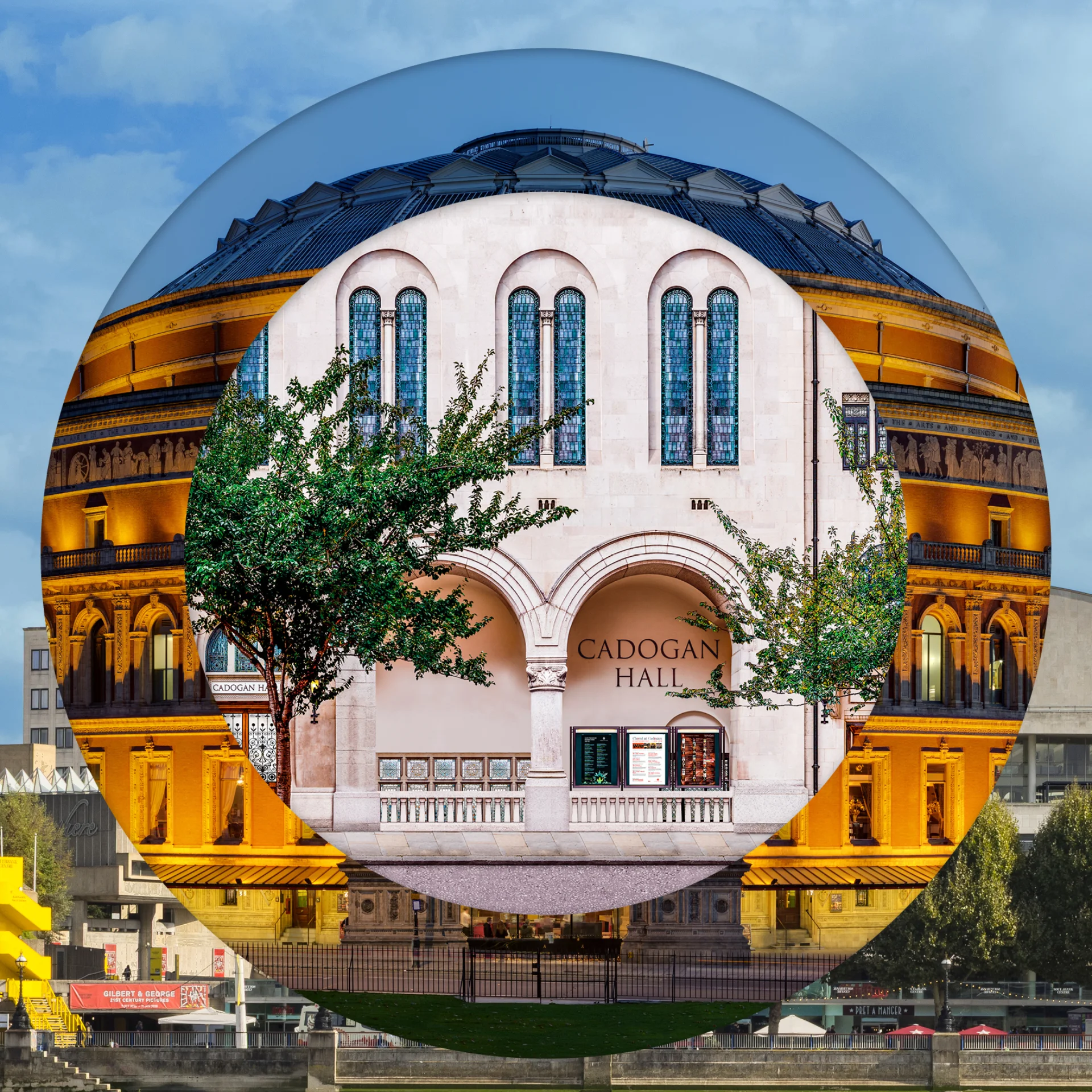 Circles of photographs of the Southbank Centre, Royal Albert Hall and Cadogan Hall overlaid on each other