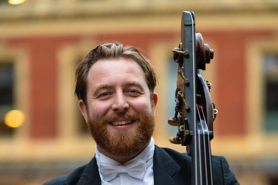 David FC Johnson with double bass outside Royal Albert Hall