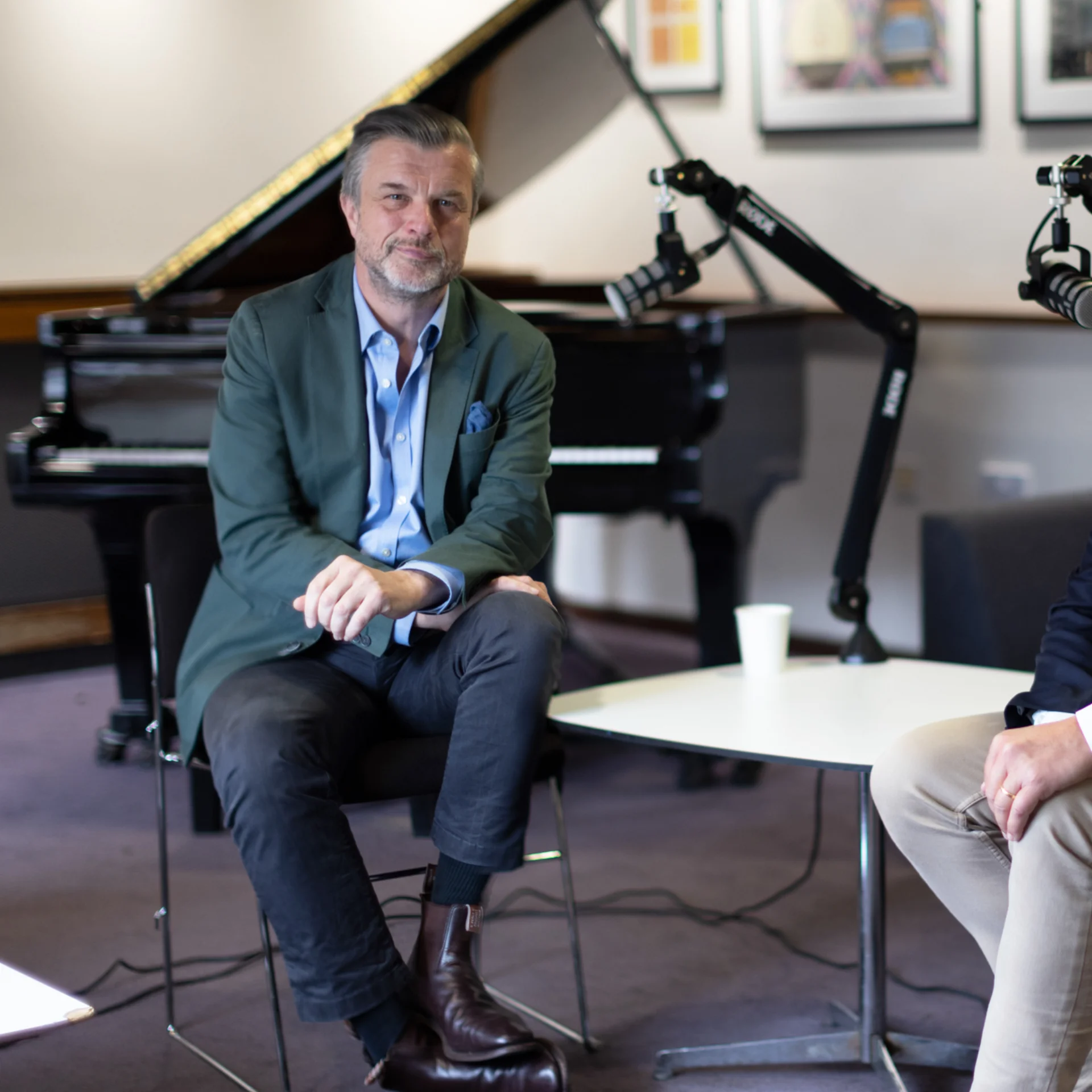 Petroc Trelawny and Michael Hayman in the recording studio