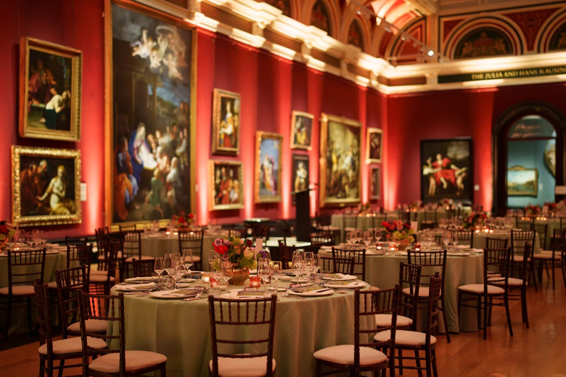 Tables set for dinner in the National Gallery for the RPO's Gala Evening, 2025.