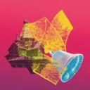 Yellow brushstrokes with blue bell on pink background