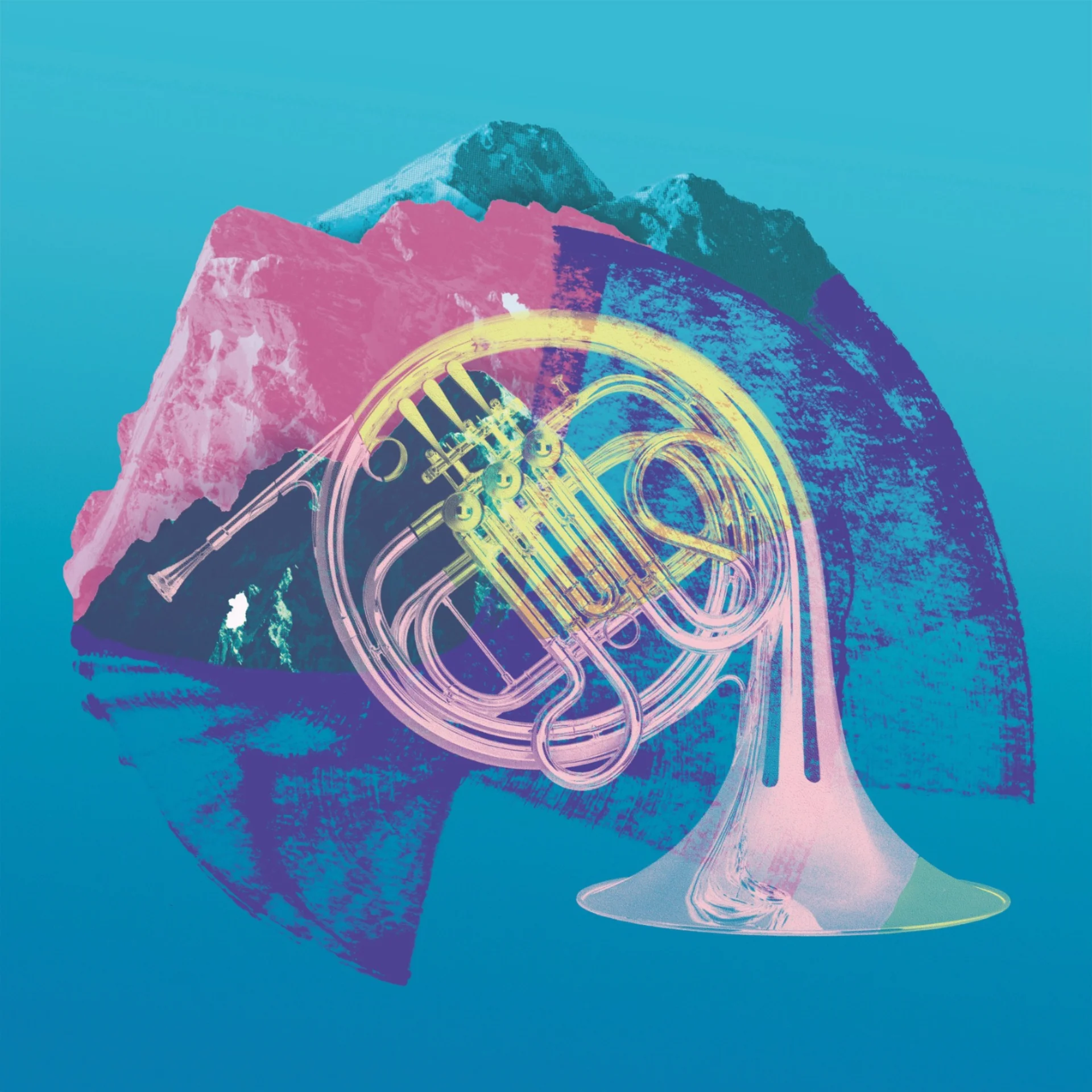 A colourful graphic collage featuring a horn, a brushstroke and a mountain peak