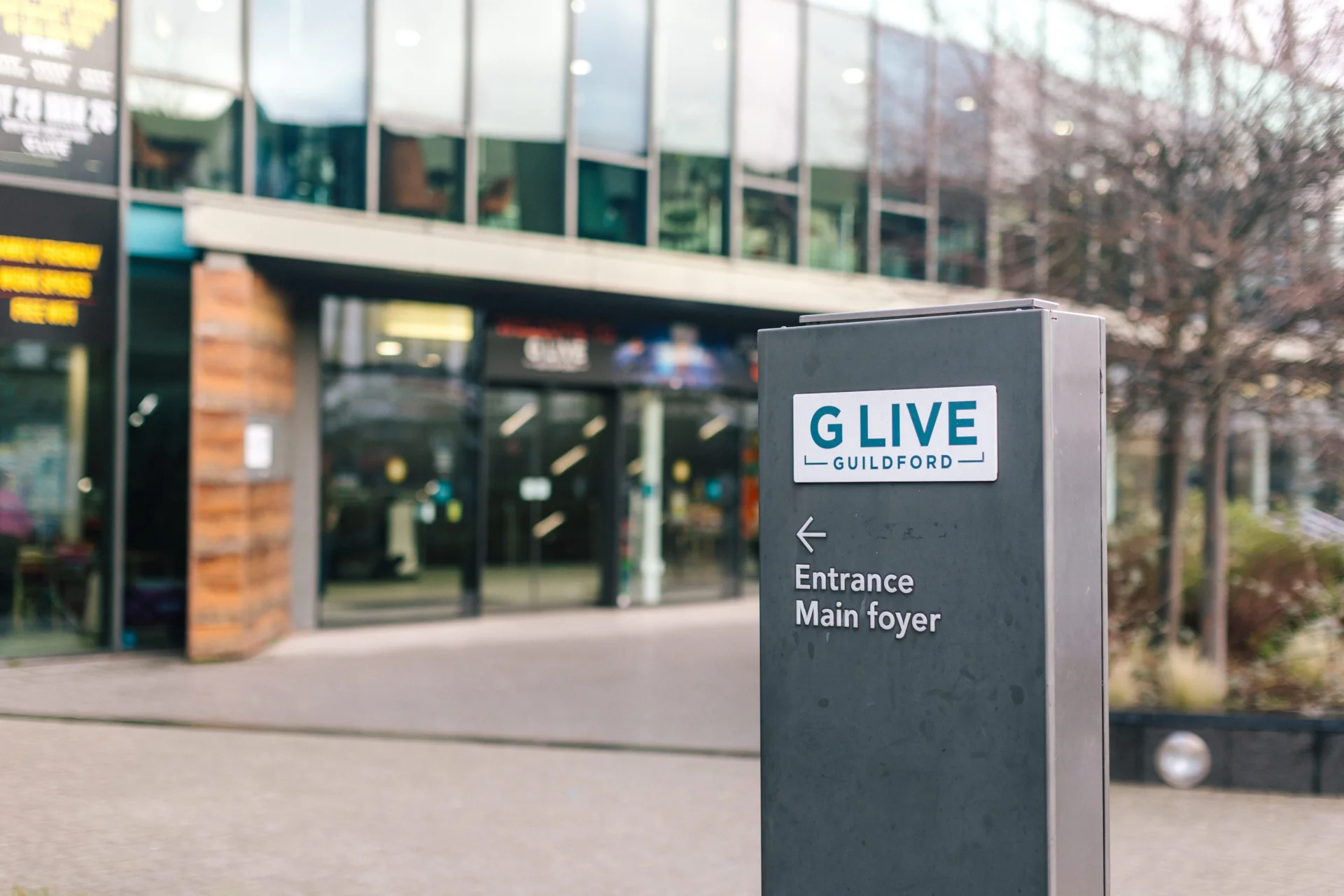 Close up shot of the G Live sign outside the venue entrance