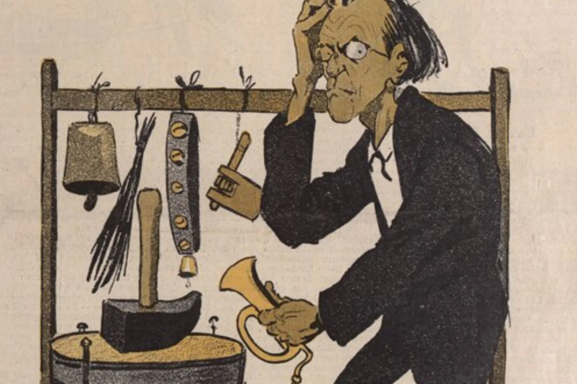 Hand-drawn cartoon image of a percussionist playing Mahler 6, with an array of exaggerated tools including a broom and a hammer
