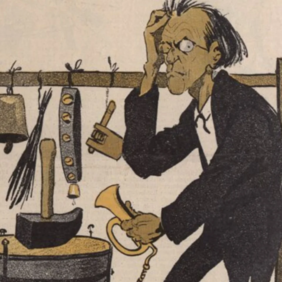 Hand-drawn cartoon image of a percussionist playing Mahler 6, with an array of exaggerated tools including a broom and a hammer