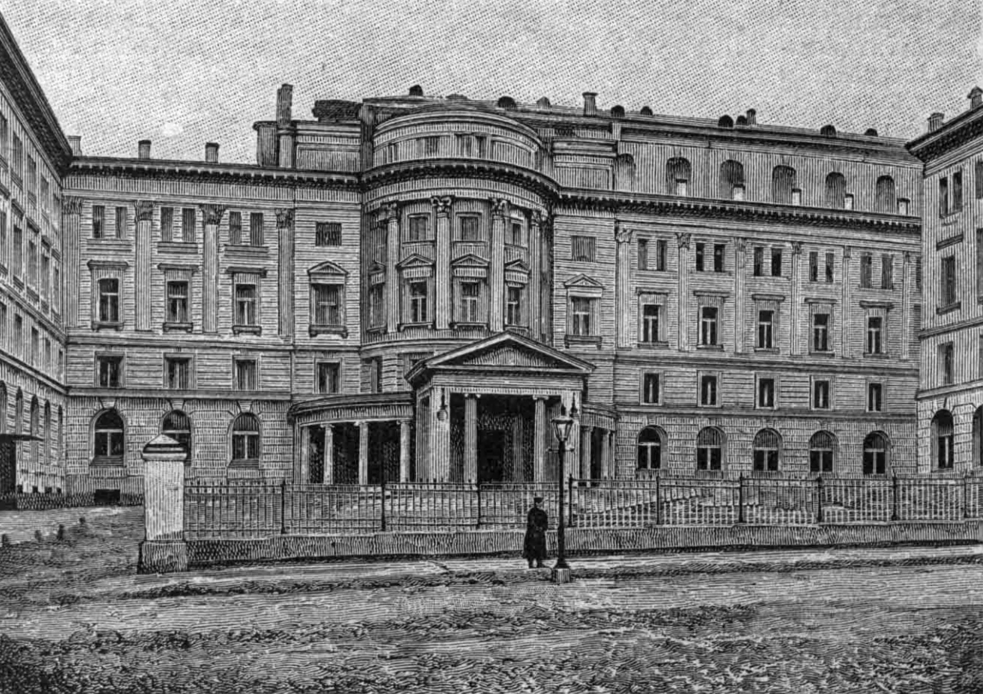 A black and white photo of the exterior of The Moscow Conservatory