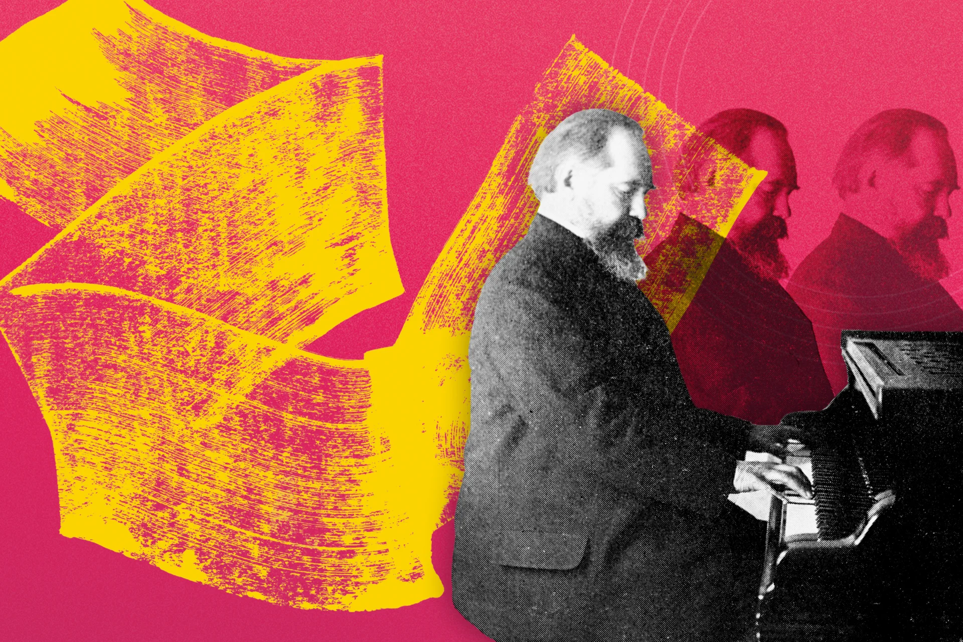 A graphic with a pink background, a yellow paintbrush, and an image of Taneyev playing the piano that repeats and fades