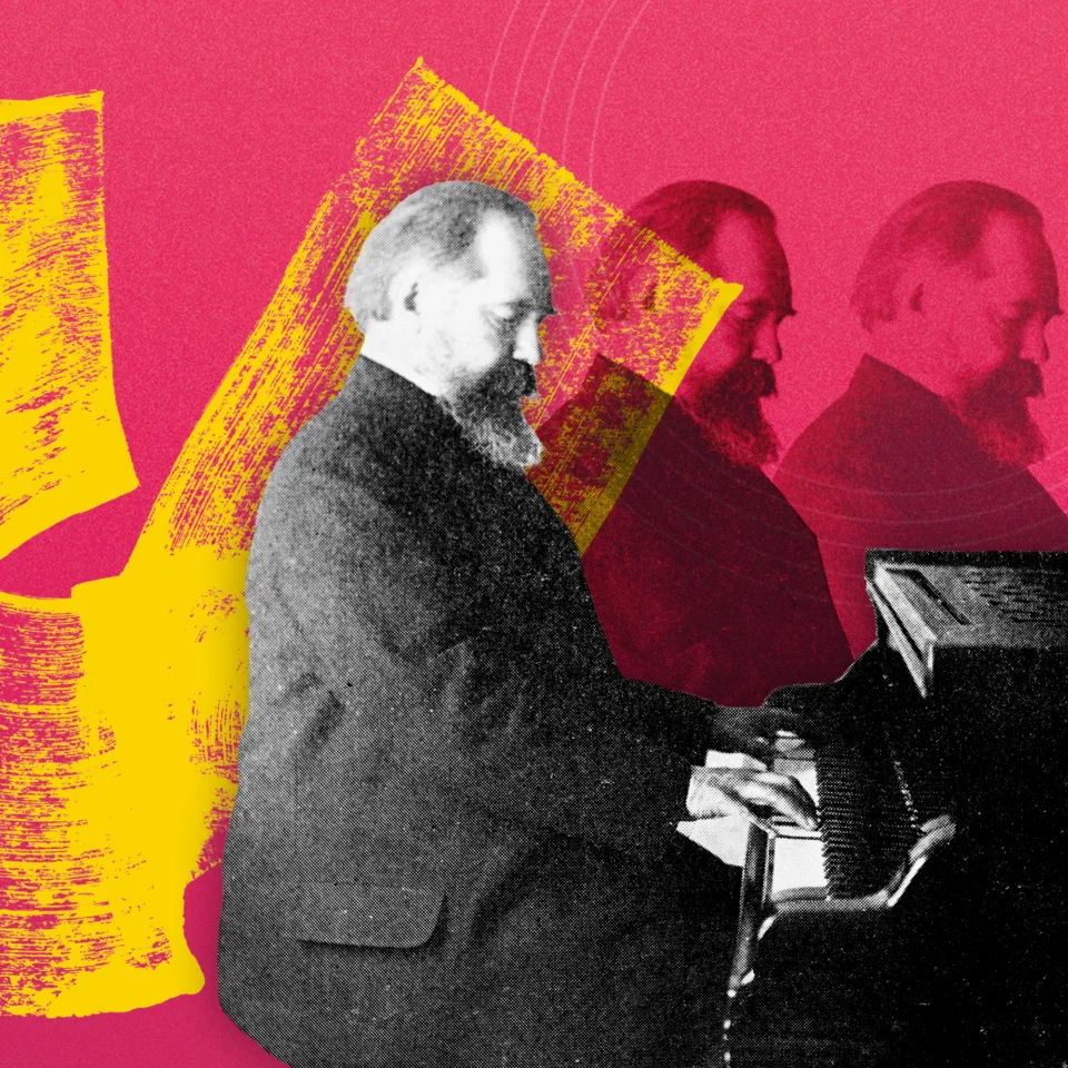 A graphic with a pink background, a yellow paintbrush, and an image of Taneyev playing the piano that repeats and fades