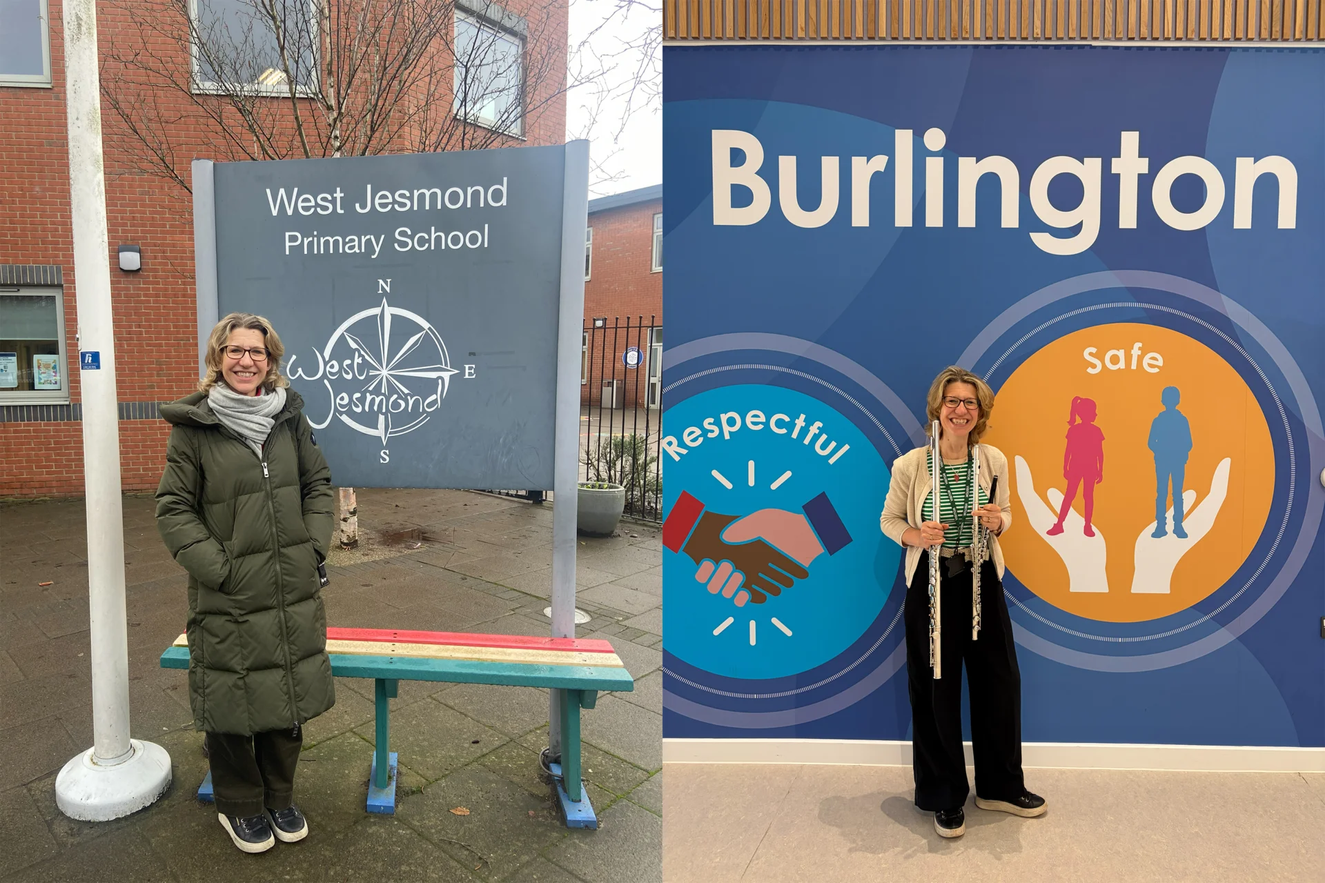 Two images side-by-side of Joanna Marsh standing in front of school signs