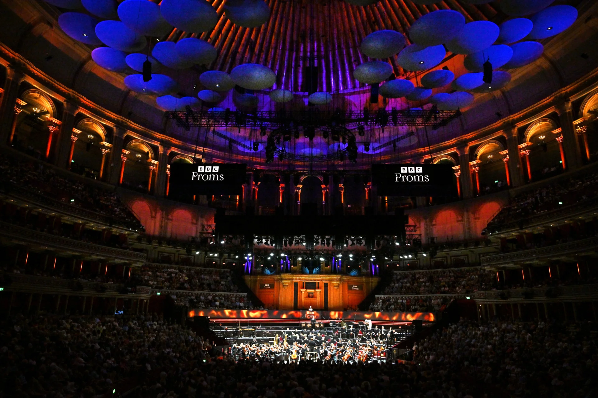 A wide shot of the Royal Philharmonic Orchestra performing in the Royal Albert Hall