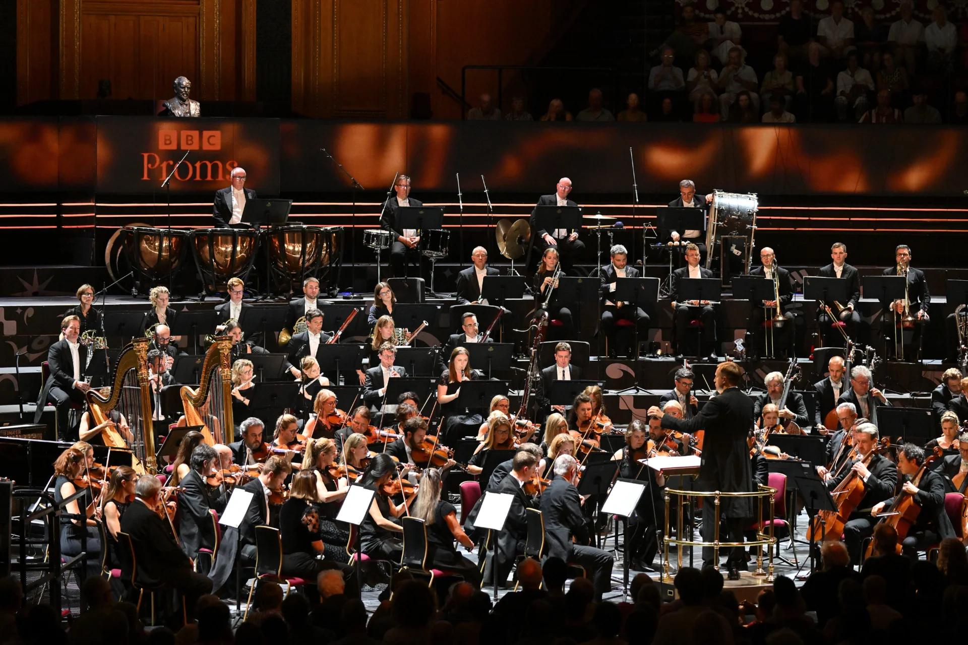 The RPO performing on stage with the violins, woodwind and horns most visible