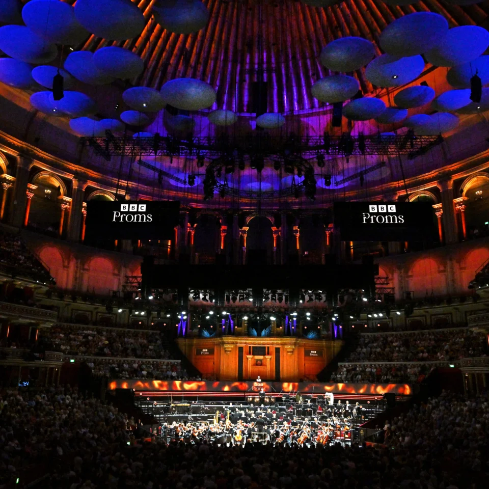 A wide shot of the Royal Philharmonic Orchestra performing in the Royal Albert Hall