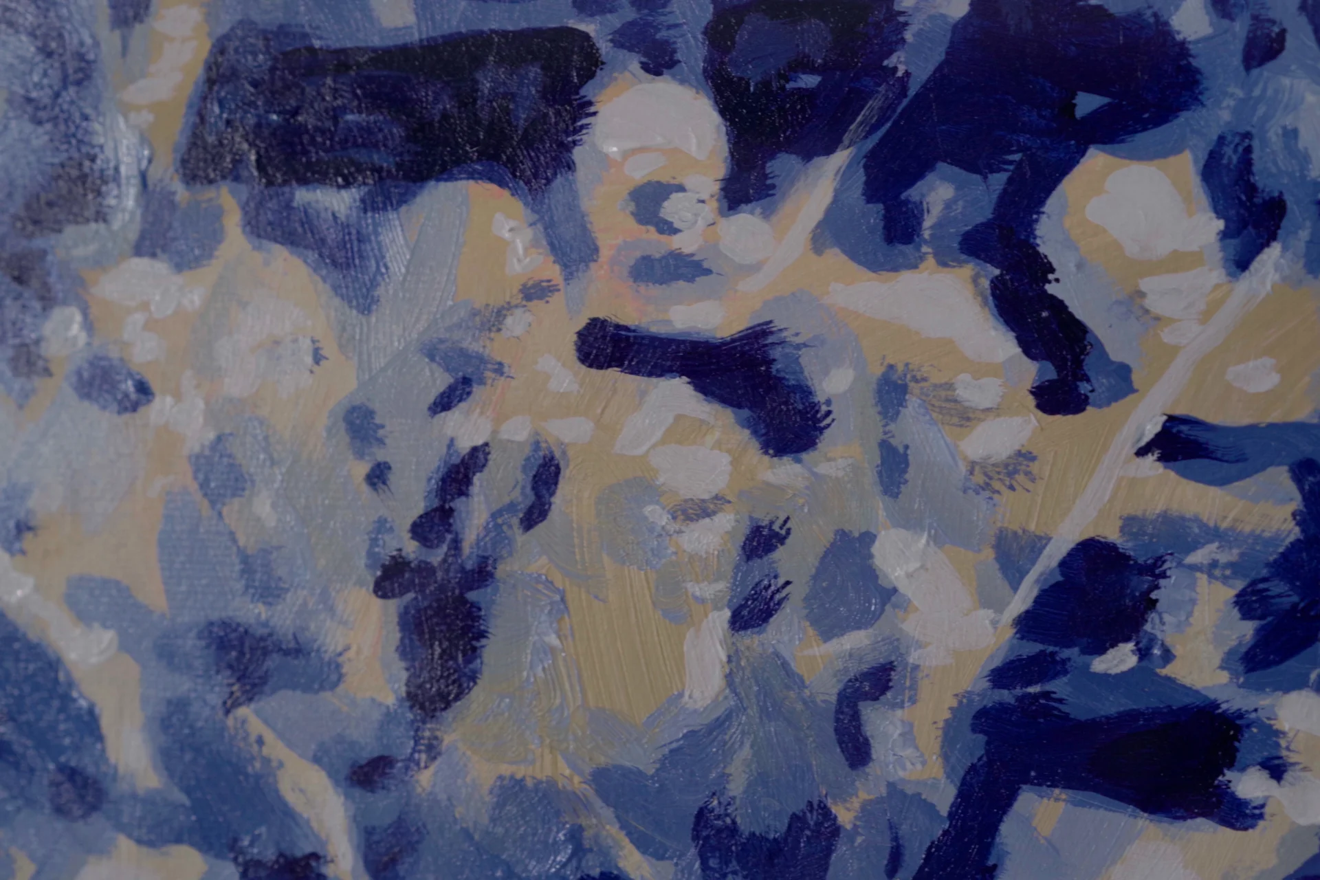 A close-up on a blue painting of orchestral violinists