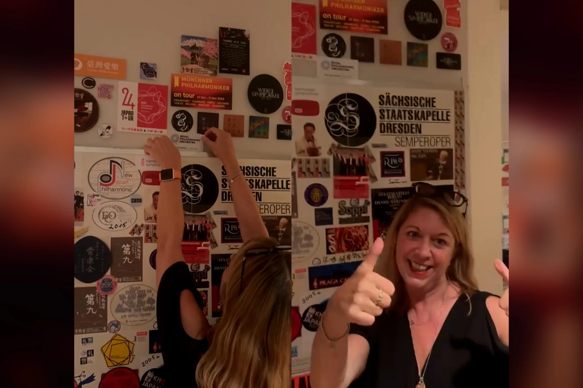 Two images of an RPO  player sticking an RPO sticker to a backstage wall and then giving a thumbs up