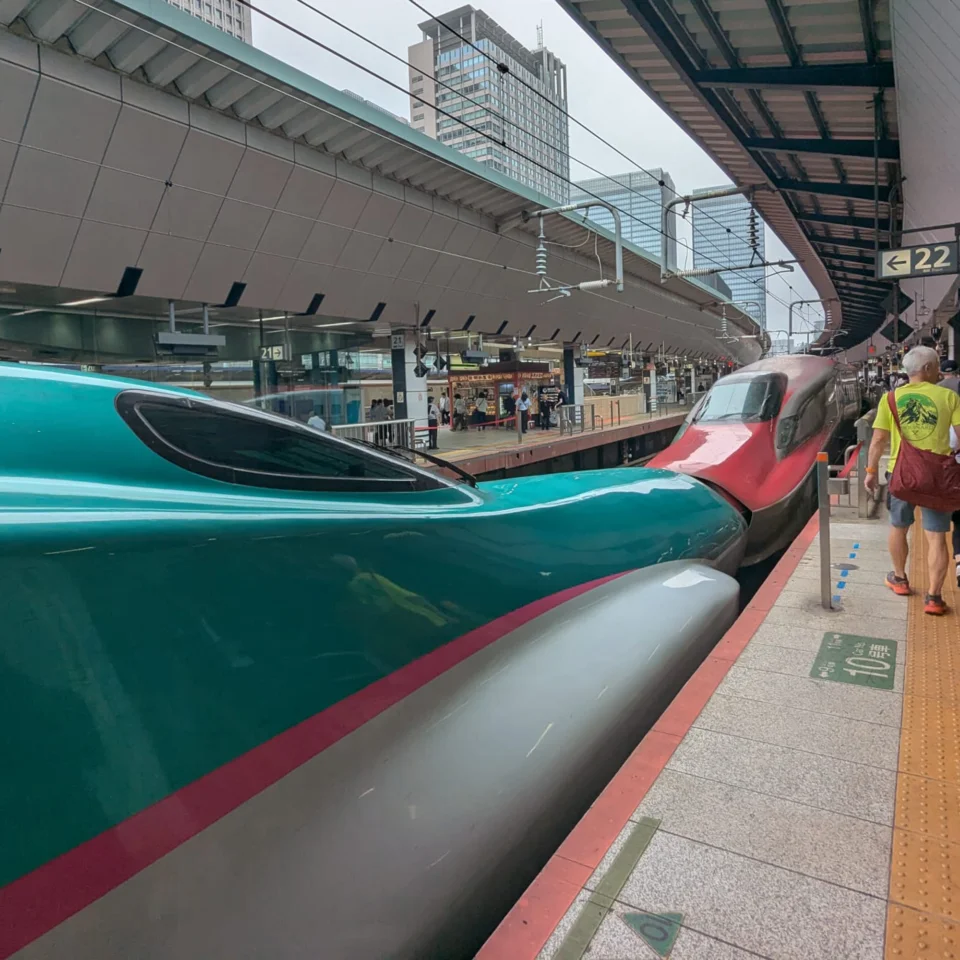 People walking along a platform with bullet trains