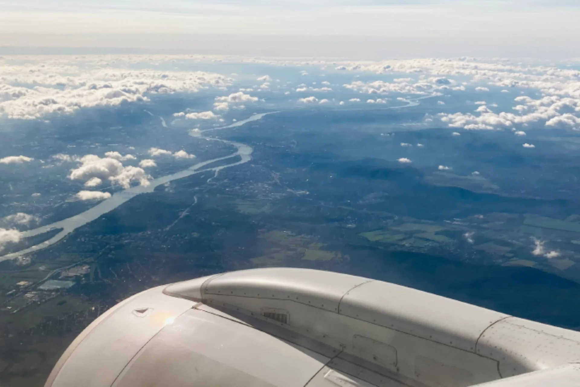 A picture taken high above Budapest from a plane window