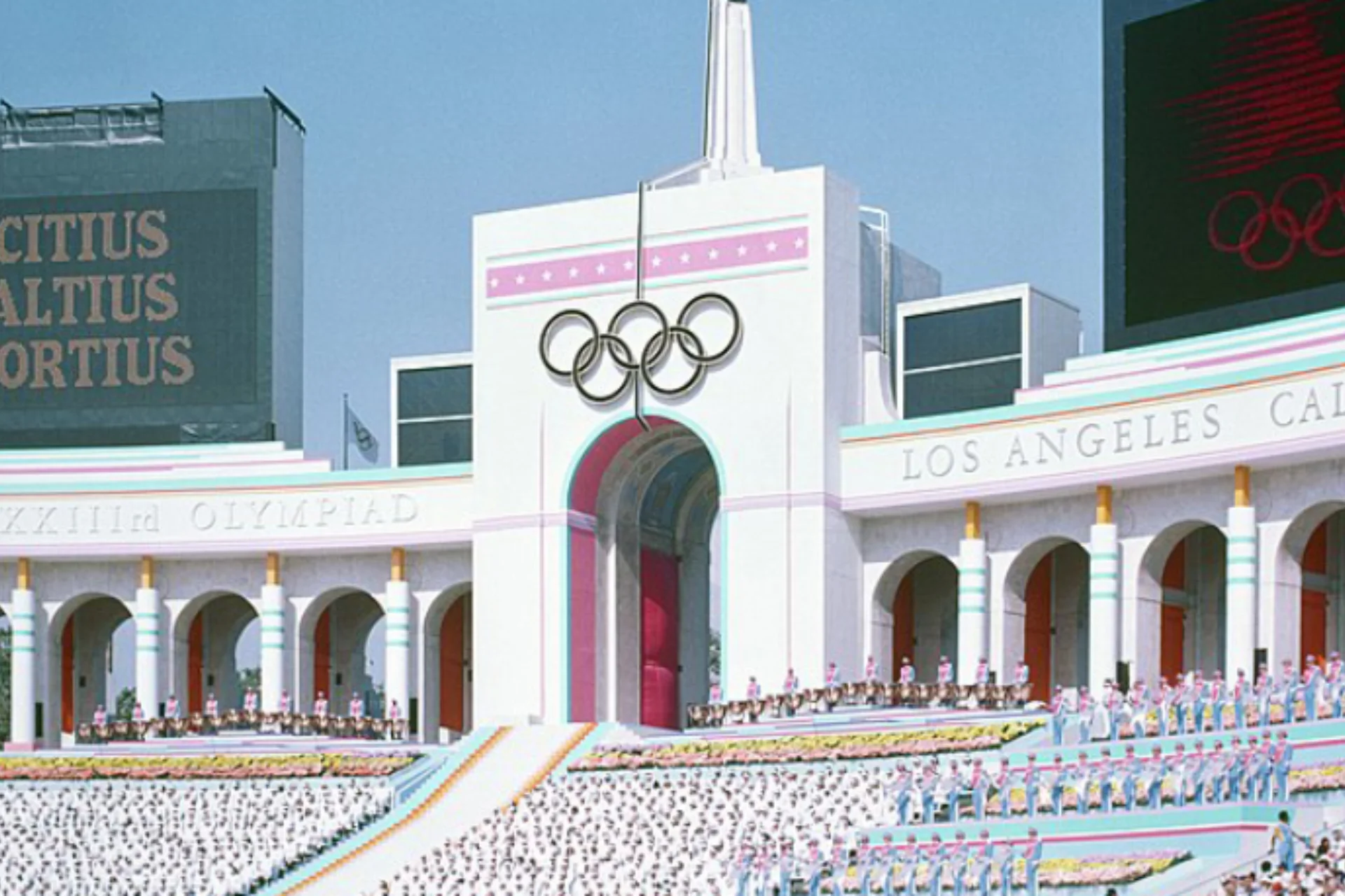 An Olympic pavillion with a large crowd