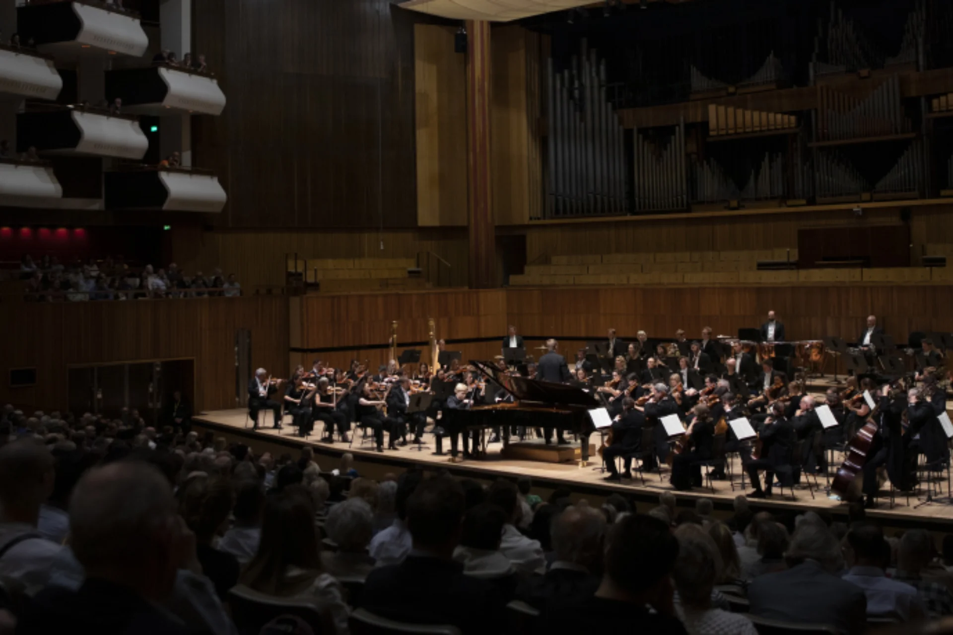 Orchestra playing in front of an audience in a concert hall