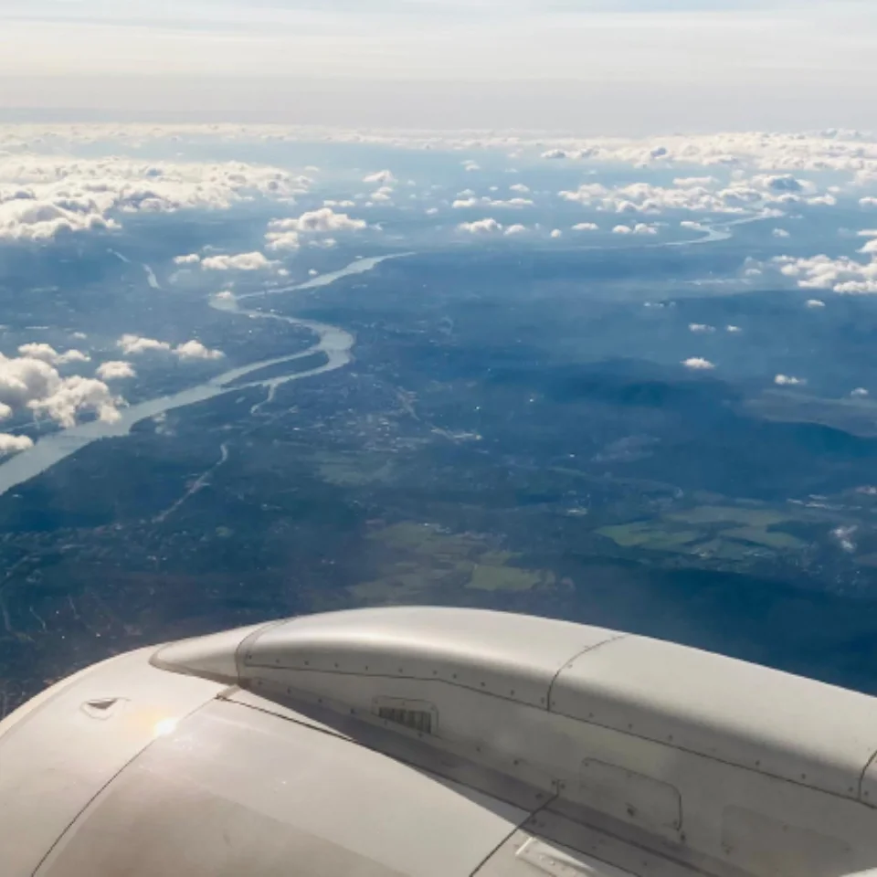 A picture taken high above Budapest from a plane window