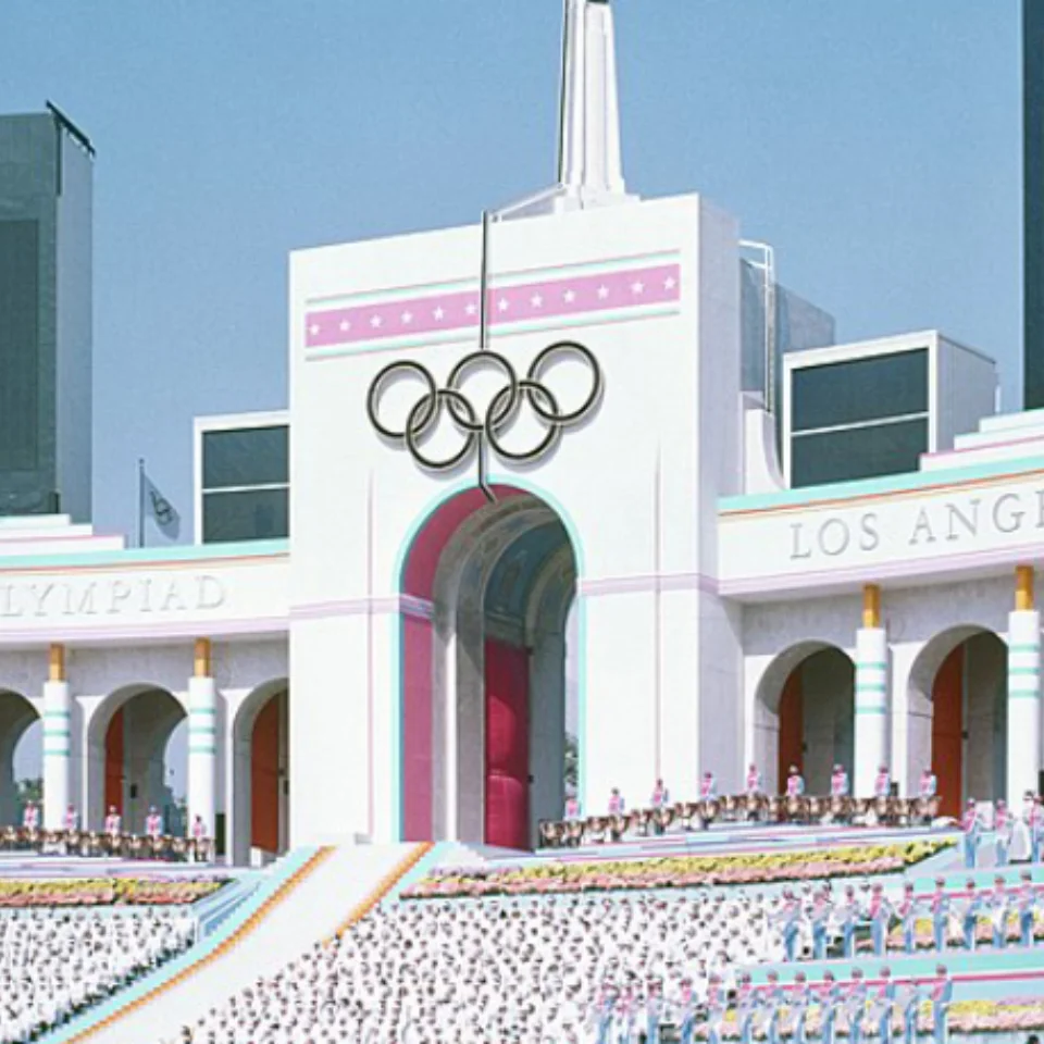 An Olympic pavillion with a large crowd