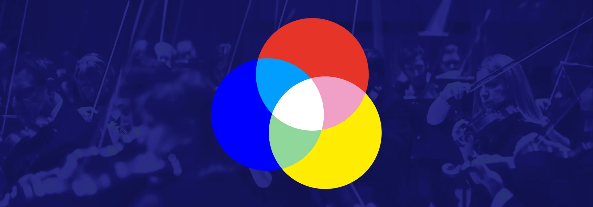 A yellow, red and blue circle overlapping, stylised on top of an image of an orchestral string section.