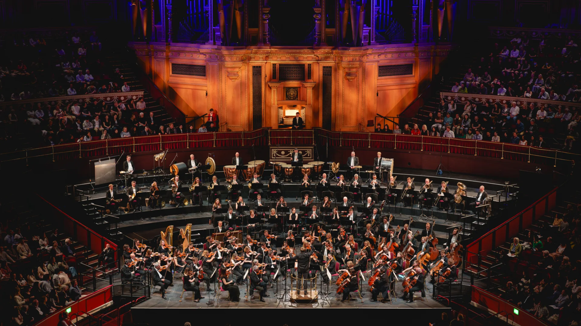 The Royal Philharmonic Orchestra performing on stage at the Royal Albert Hall