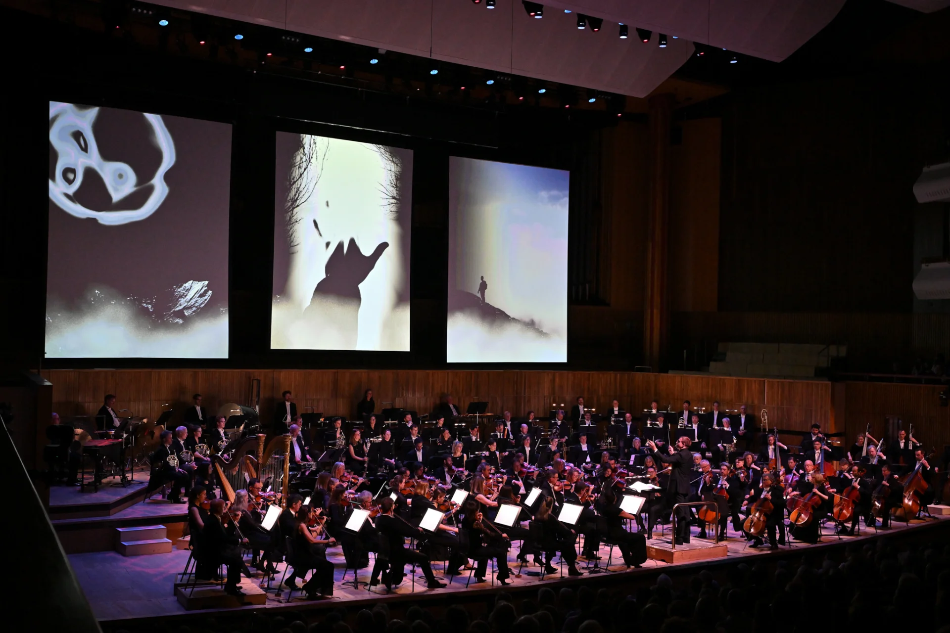 The Royal Philharmonic Orchestra performing onstage at the Royal Festival Hall. Behind them are projections of a colourful graphic film.