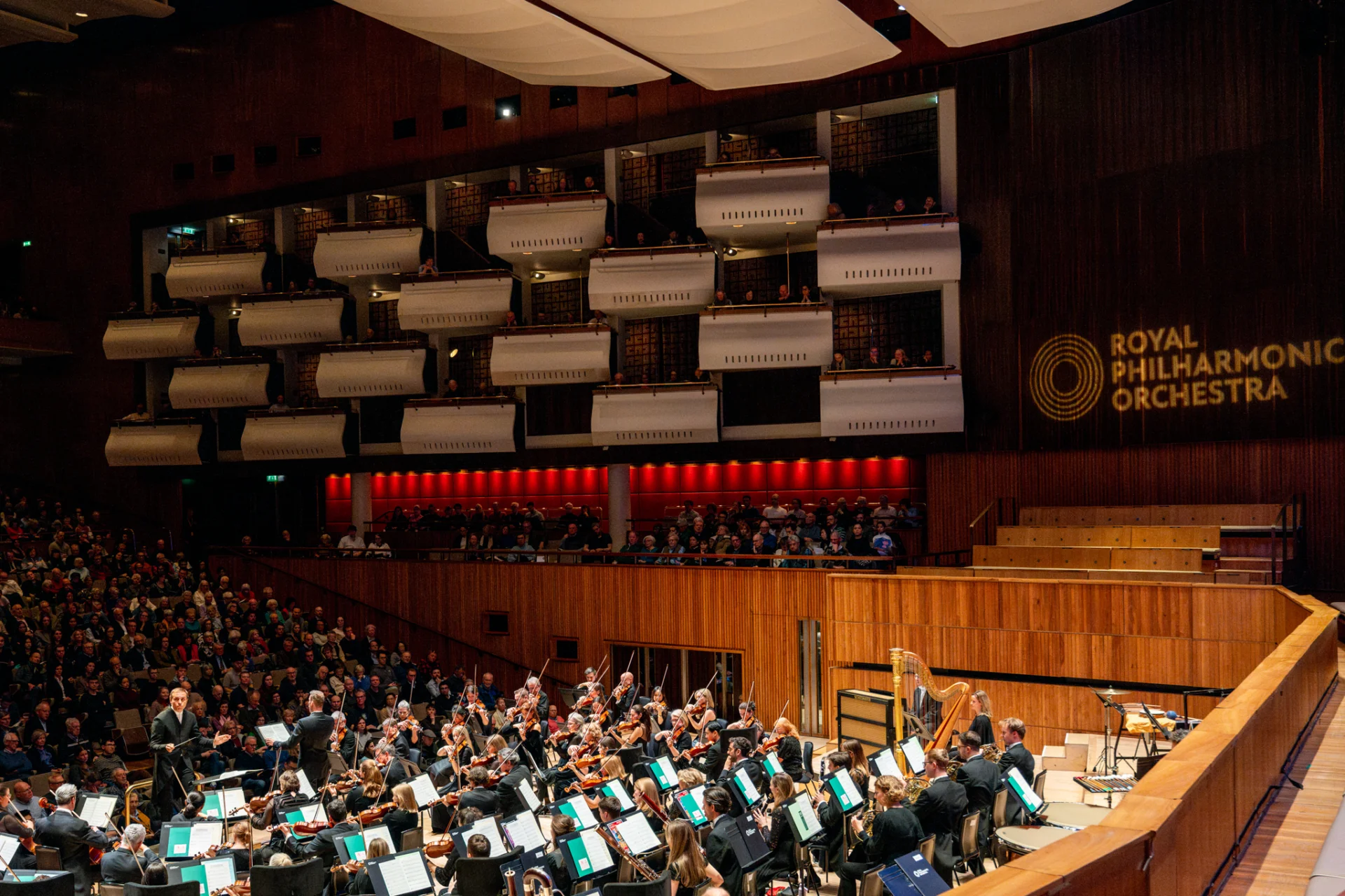 The Royal Philharmonic Orchestra onstage at the Royal Festival Hall, with the audience stretching in front of them. The Royal Philharmonic Orchestra logo is projected onto the wall nearby.