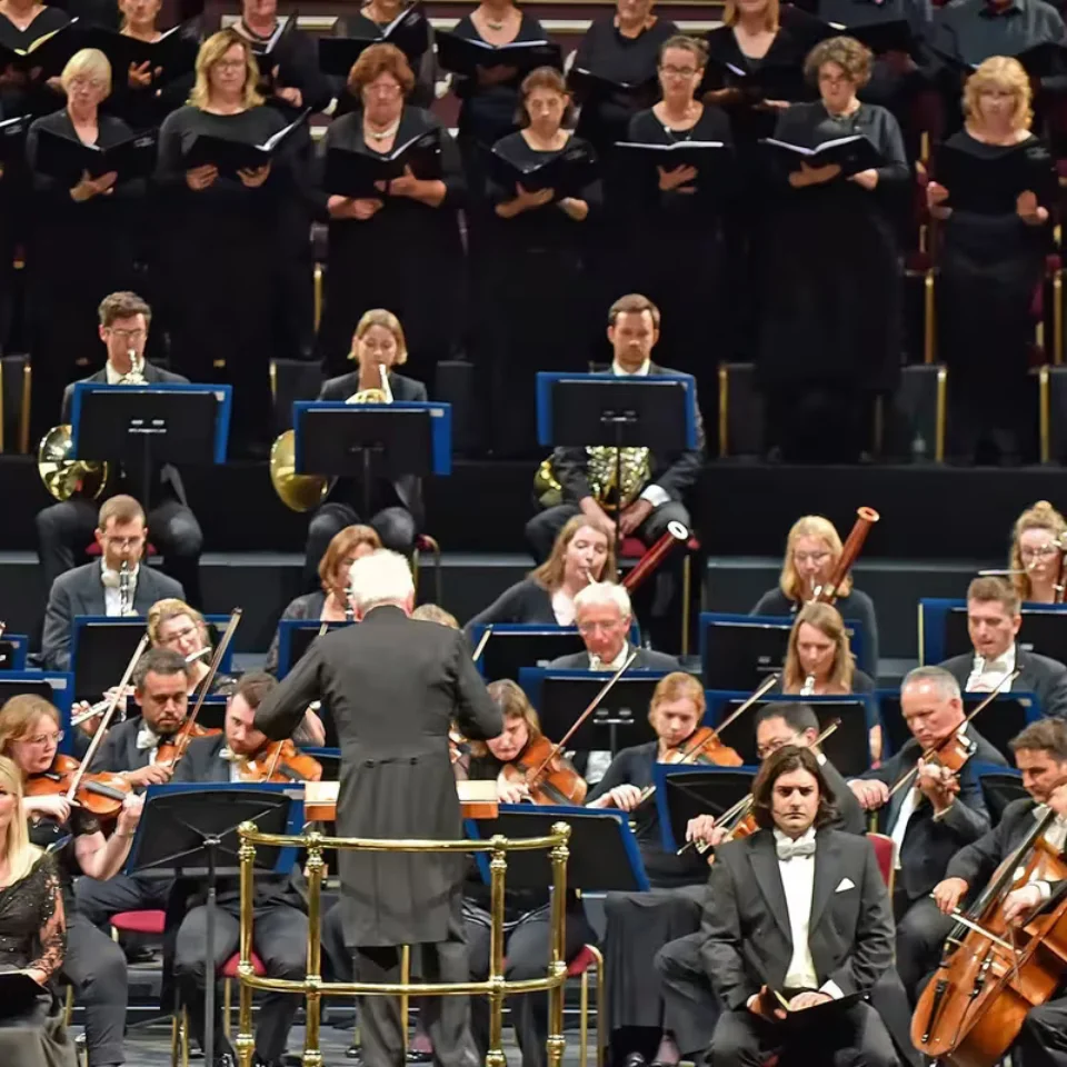 The Royal Philharmonic Orchestra on stage alongside four vocal soloists.