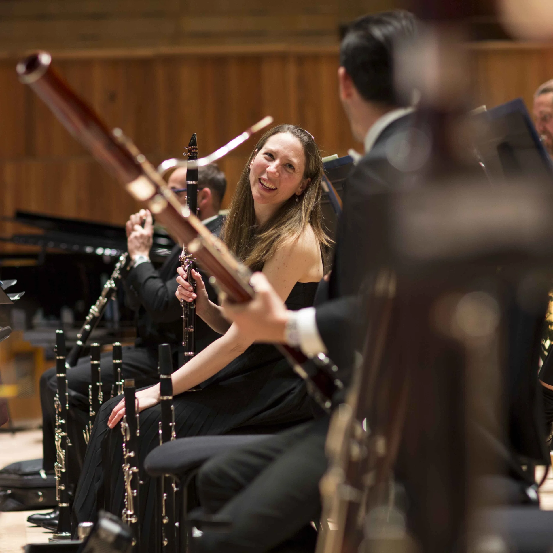 Sonia Sielaff one of the RPO's clarinet players is laughing on stage at the Royal Festival Hall