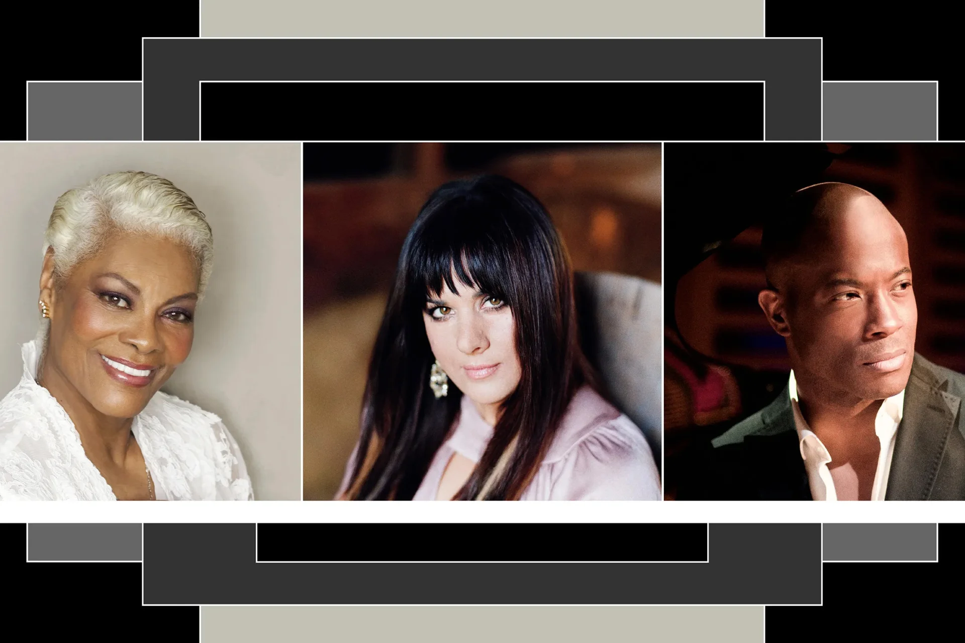 Photos of Dionne Warwick, Rumer and Shaun Escoffery on a geometric background.