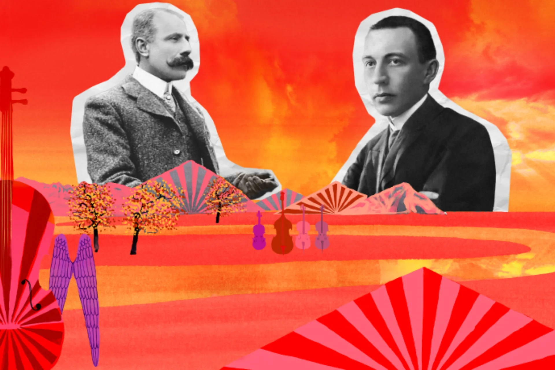Abstract collage featuring black and white picture of Elgar and Rachmaninov