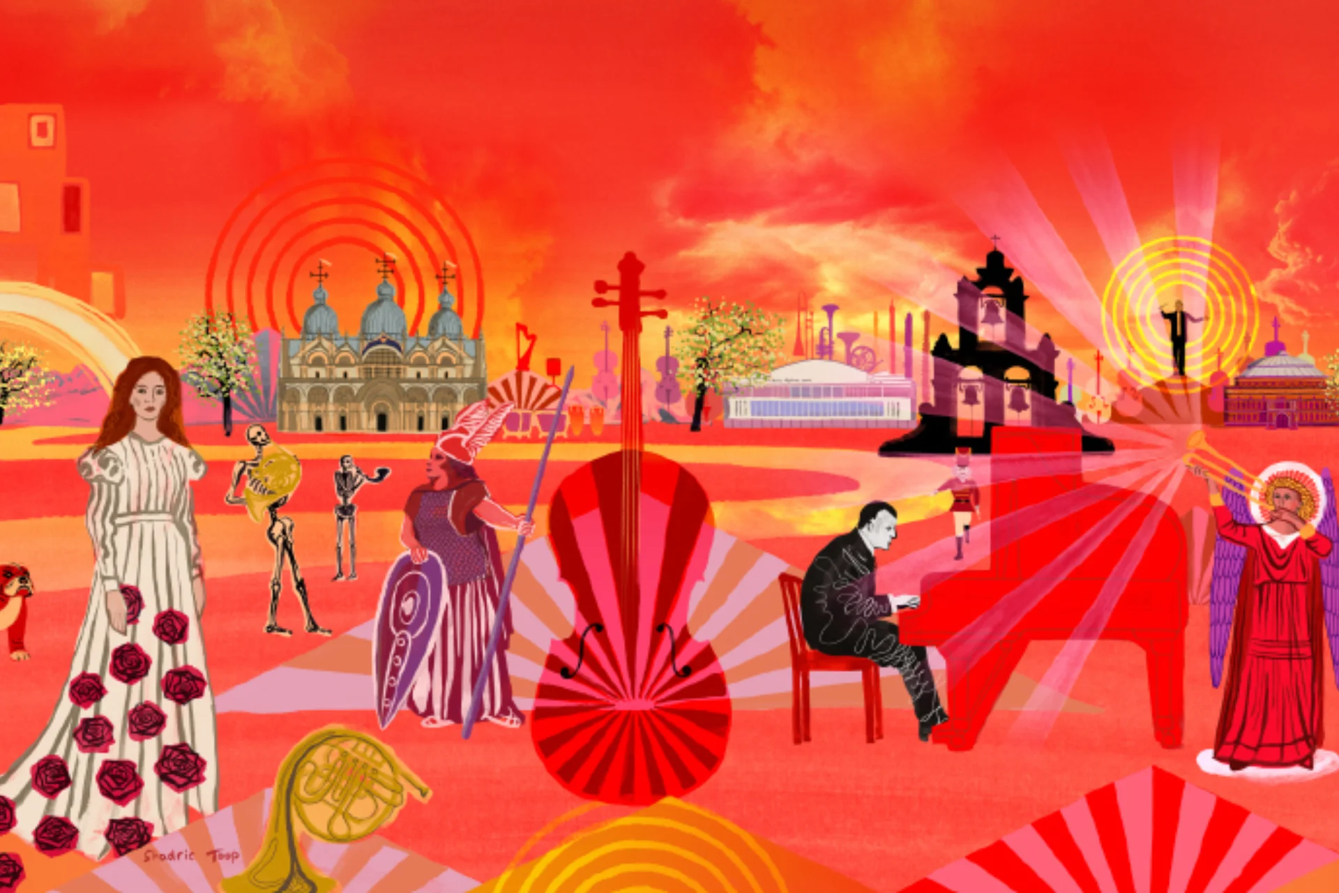 An artwork image showing an orange landscape with a pianist, and angel playing a trumpet, a woman in a rose-covered dress, a bulldog, a Wagnerian Valkyrie, the Royal Festival Hall and Royal Albert Hall, a cello, skeletons playing french horns, a structure with large hanging bells and Vasily Petrenko conducting on a hill.