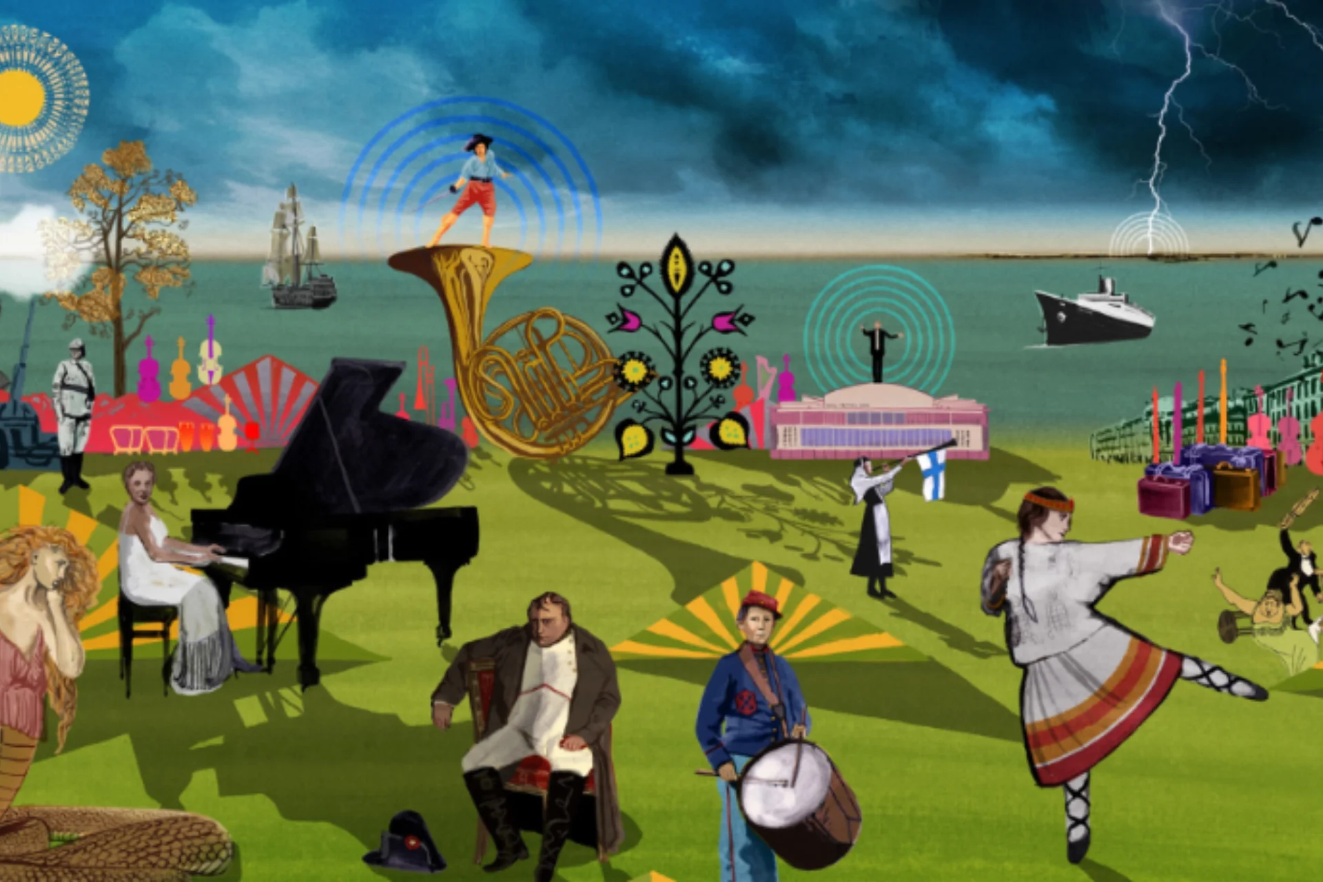 An artwork green landscape with a dark stormy sky above and a sea behind it as a radiating sun casts long shadows on various elements, including a sad Napoleon, Florence Price playing the piano, Shostakovich in an air warden uniform, a woman in traditional Slavic dress dancing, a steamboat, a stadning drummer in uniform, the Royal Festival Hall with a conductor standing on top, the mythical snake woman Lamia, a french horn, a woman blowing a horn with the Finnish flag hanging off of it, a portrait of Beethoven, and mountains dotted throughout..