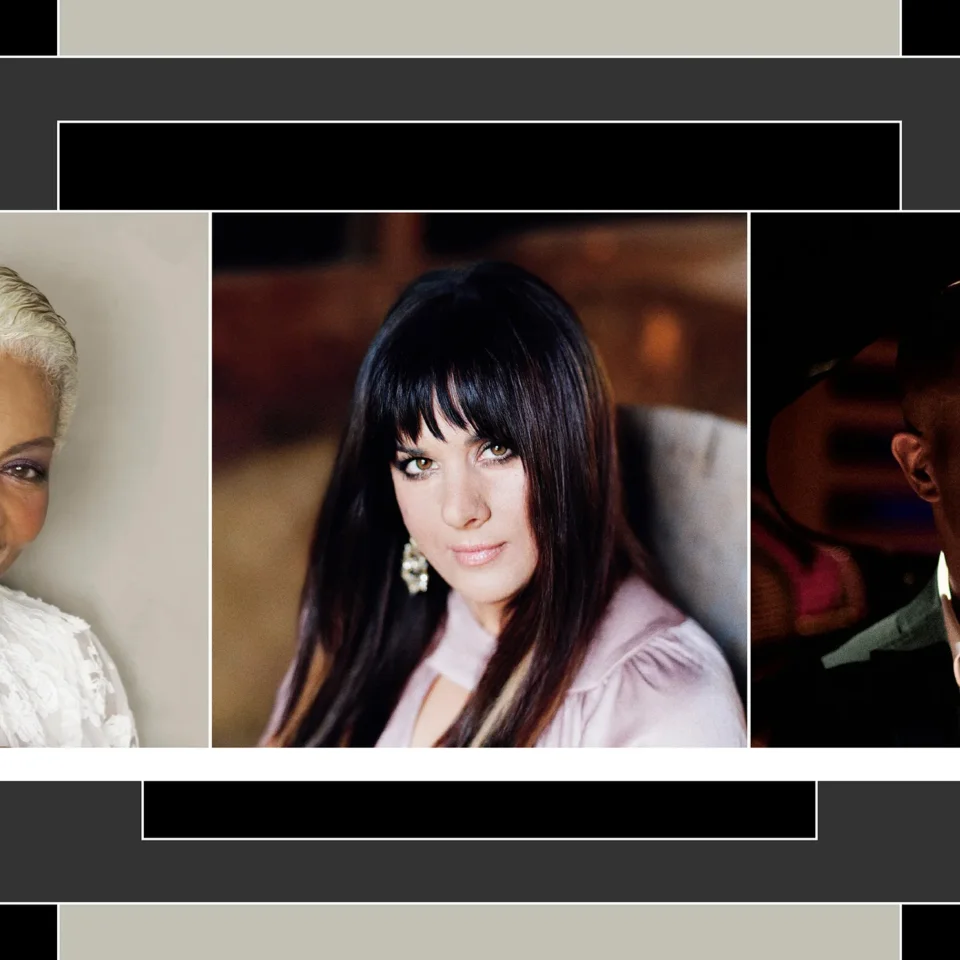 Photos of Dionne Warwick, Rumer and Shaun Escoffery on a geometric background.