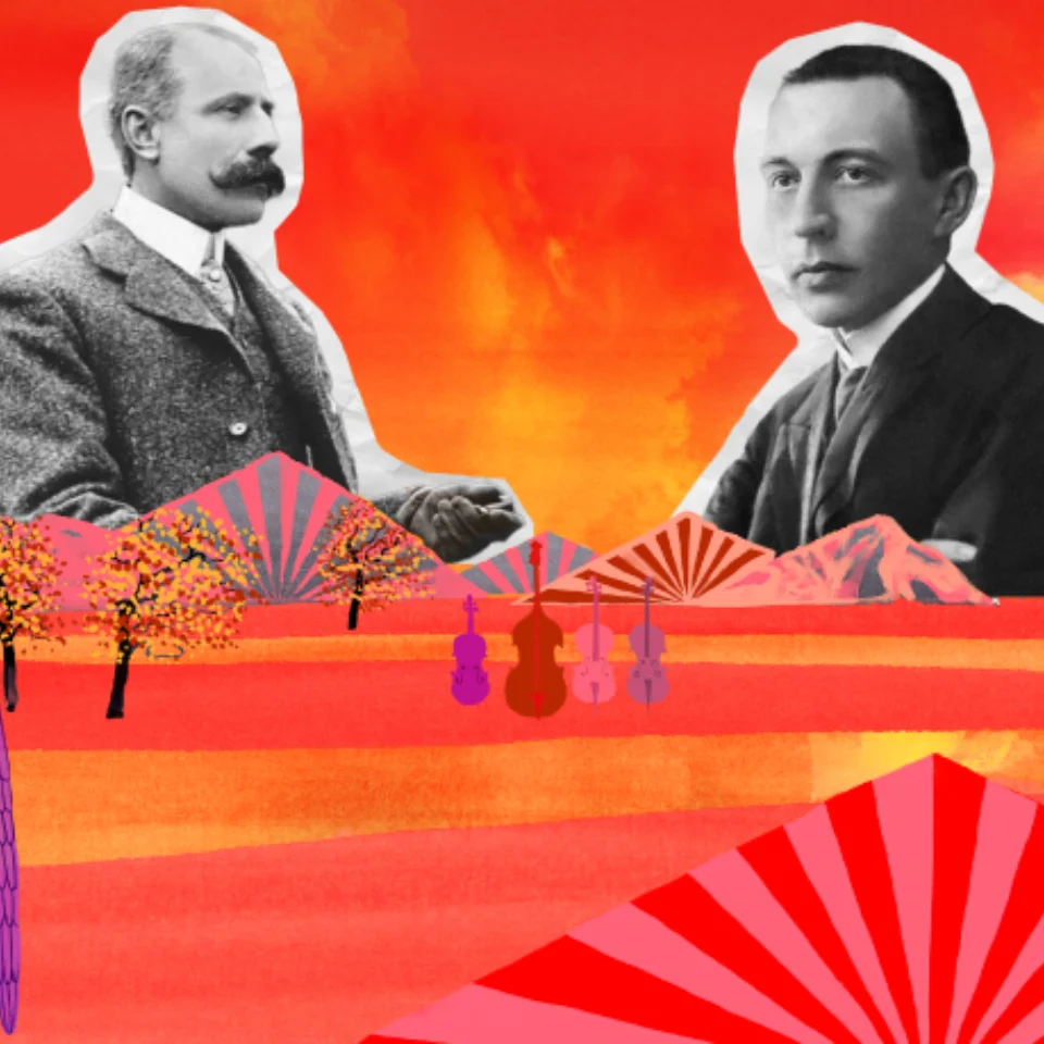 Abstract collage featuring black and white picture of Elgar and Rachmaninov