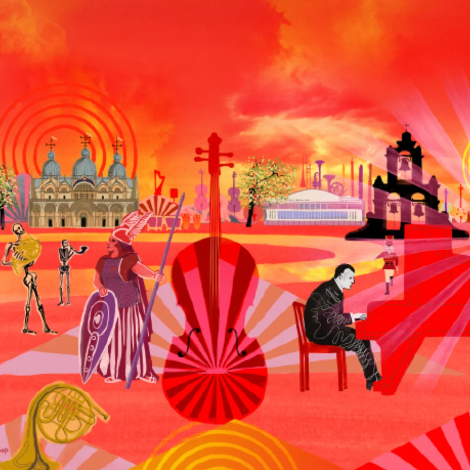 An artwork image showing an orange landscape with a pianist, and angel playing a trumpet, a woman in a rose-covered dress, a bulldog, a Wagnerian Valkyrie, the Royal Festival Hall and Royal Albert Hall, a cello, skeletons playing french horns, a structure with large hanging bells and Vasily Petrenko conducting on a hill.